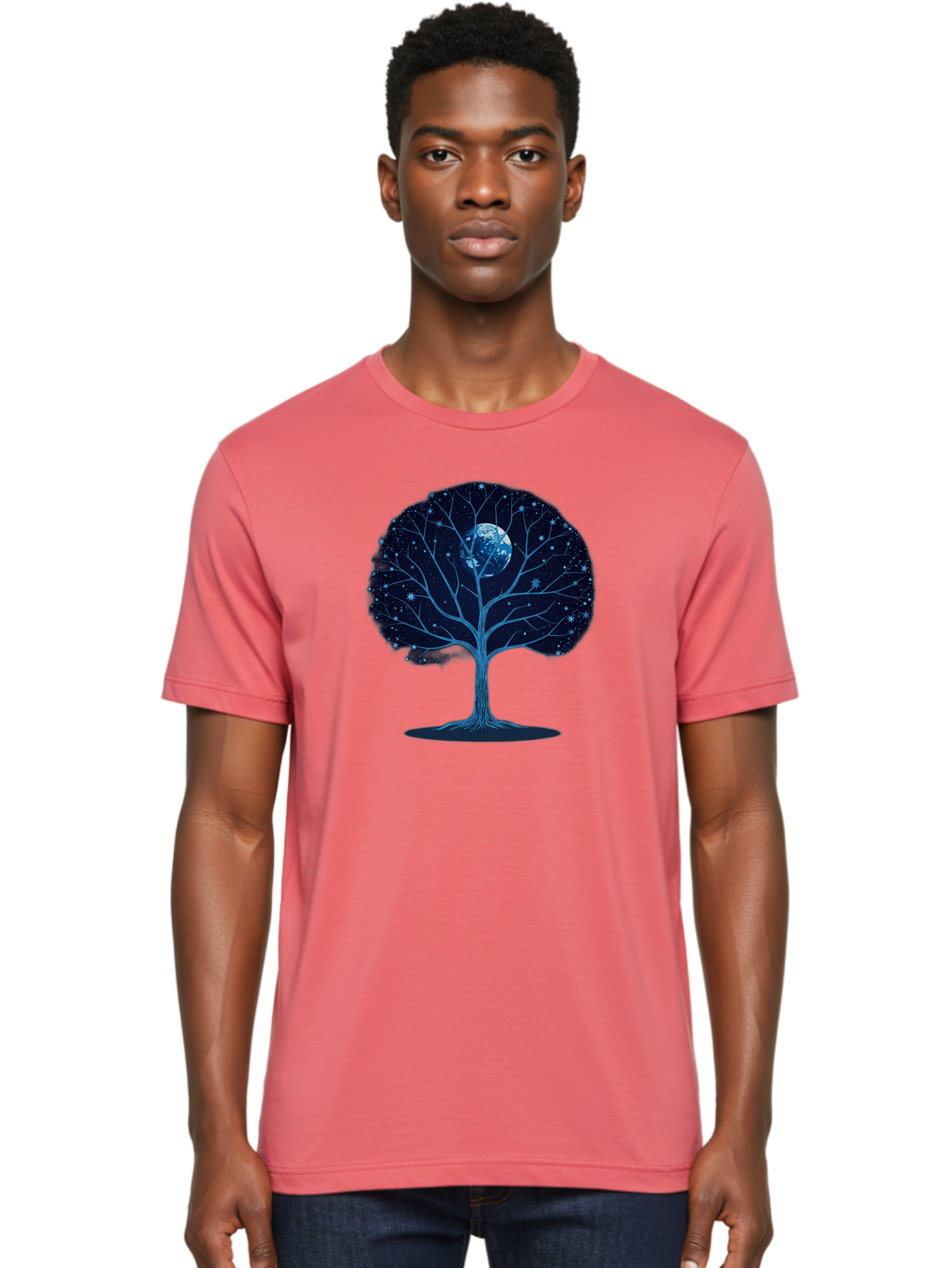 Tree-With-Moon Men'S Graphic Tee, 100% Cotton, Comfortable Casual Summer Wear, Machine Washable, Tree With Bare Branches, Full Moon In The Canopy, Night Sky, Starry Background, Spiritual Symbolism, Mystic Atmosphere, Celestial Body, Bab551