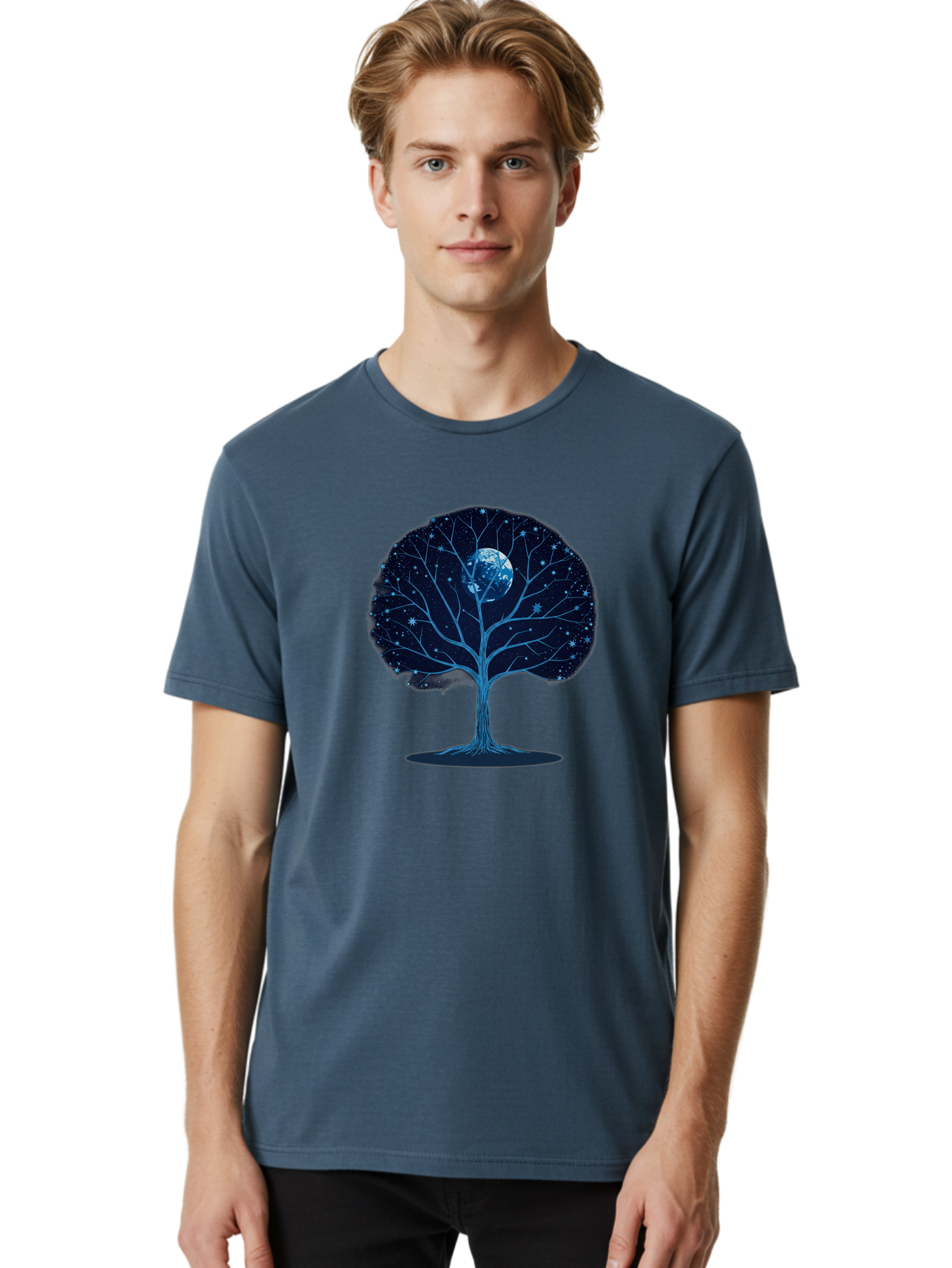 Tree-With-Moon Men'S Graphic Tee, 100% Cotton, Comfortable Casual Summer Wear, Machine Washable, Tree With Bare Branches, Full Moon In The Canopy, Night Sky, Starry Background, Spiritual Symbolism, Mystic Atmosphere, Celestial Body, Bab551