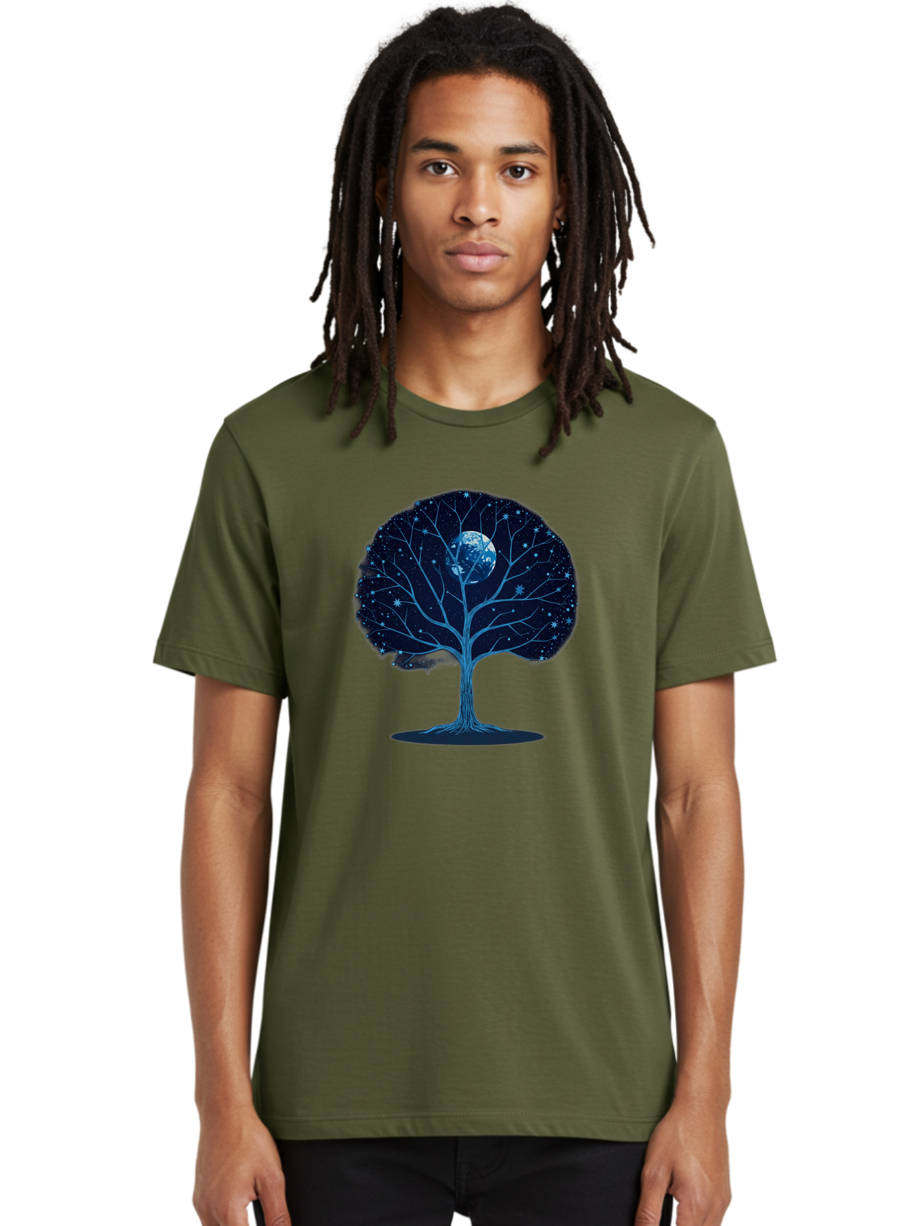 Tree-With-Moon Men'S Graphic Tee, 100% Cotton, Comfortable Casual Summer Wear, Machine Washable, Tree With Bare Branches, Full Moon In The Canopy, Night Sky, Starry Background, Spiritual Symbolism, Mystic Atmosphere, Celestial Body, Bab551