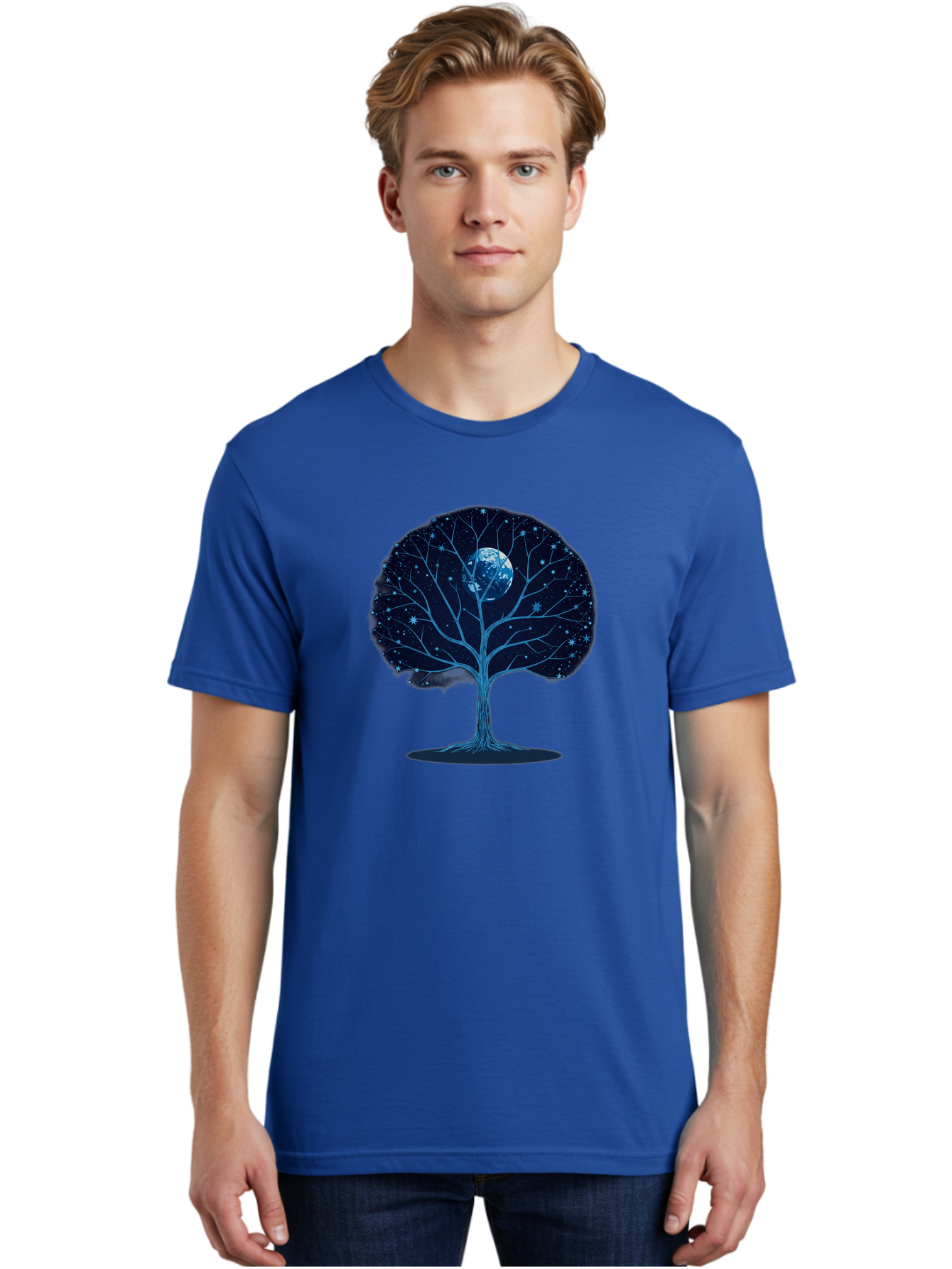 Tree-With-Moon Men'S Graphic Tee, 100% Cotton, Comfortable Casual Summer Wear, Machine Washable, Tree With Bare Branches, Full Moon In The Canopy, Night Sky, Starry Background, Spiritual Symbolism, Mystic Atmosphere, Celestial Body, Bab551
