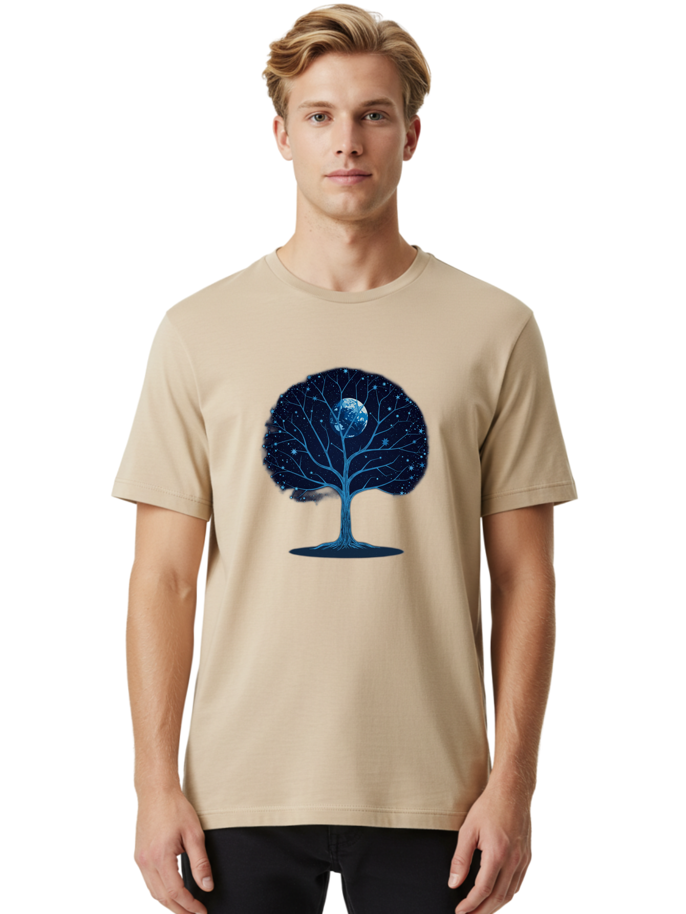Tree-With-Moon Men'S Graphic Tee, 100% Cotton, Comfortable Casual Summer Wear, Machine Washable, Tree With Bare Branches, Full Moon In The Canopy, Night Sky, Starry Background, Spiritual Symbolism, Mystic Atmosphere, Celestial Body, Bab551