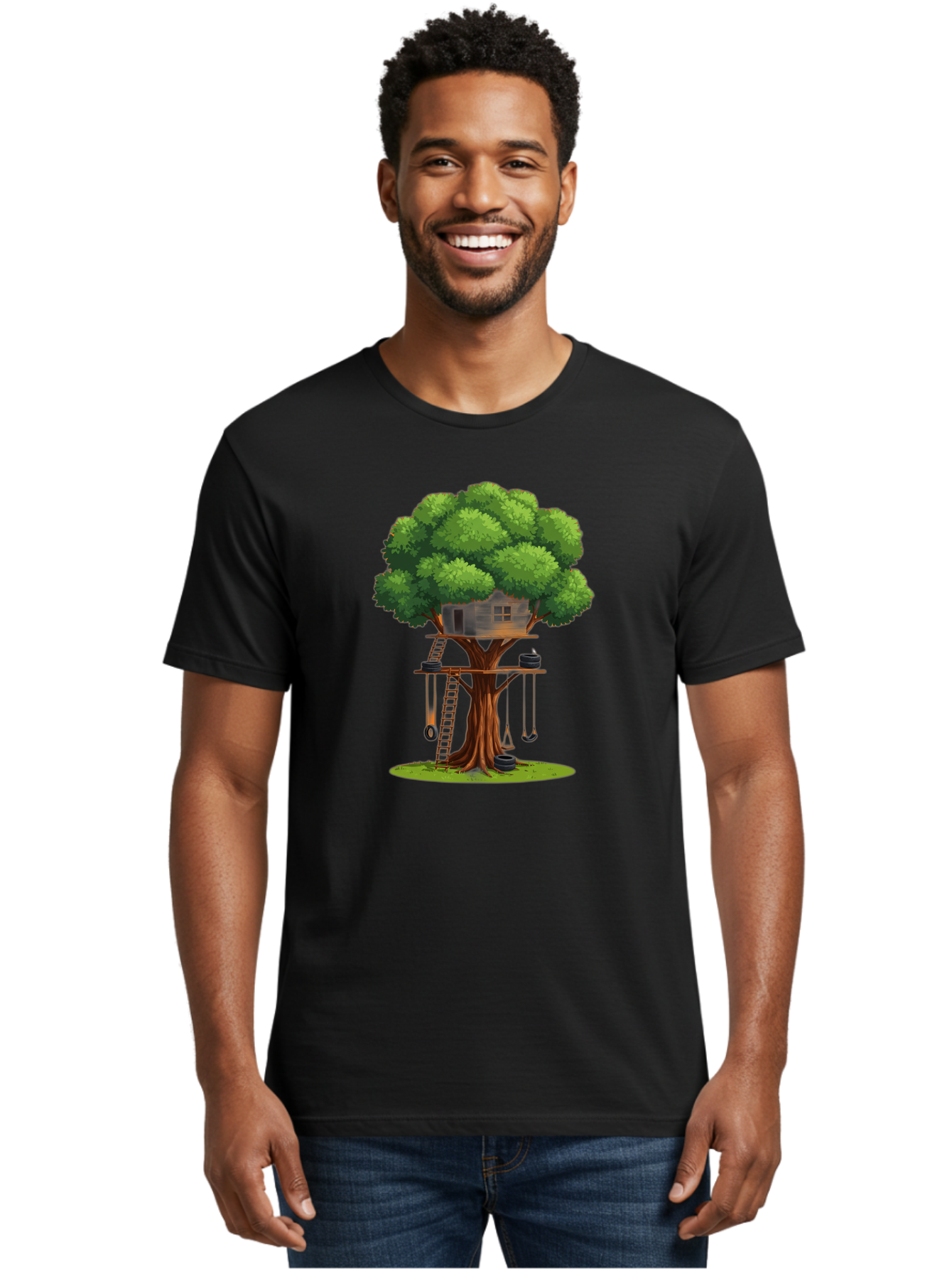 Treehouse Men'S Graphic Tee, 100% Cotton, Comfortable Casual Summer Wear, Machine Washable, Treehouse In The Tree, Wooden Ladder, Rope Swings, Natural Scenery, Outdoor Play, Whimsical Design, Fantasy Getaway, Imaginative Play, Bab552