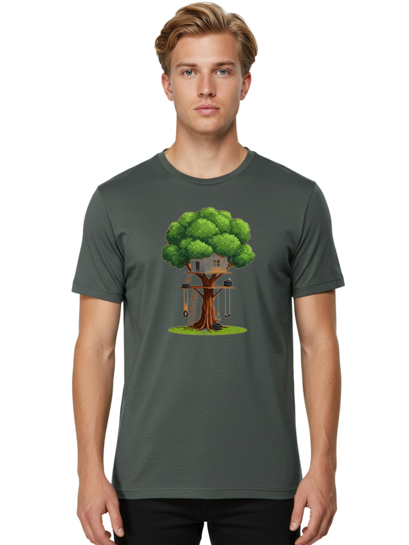 Treehouse Men'S Graphic Tee, 100% Cotton, Comfortable Casual Summer Wear, Machine Washable, Treehouse In The Tree, Wooden Ladder, Rope Swings, Natural Scenery, Outdoor Play, Whimsical Design, Fantasy Getaway, Imaginative Play, Bab552
