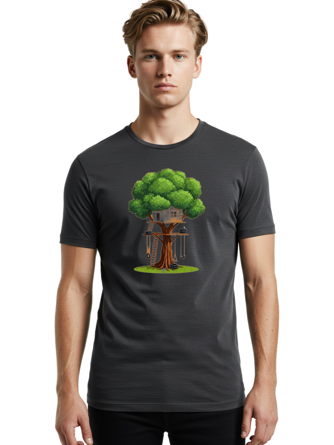 Treehouse Men'S Graphic Tee, 100% Cotton, Comfortable Casual Summer Wear, Machine Washable, Treehouse In The Tree, Wooden Ladder, Rope Swings, Natural Scenery, Outdoor Play, Whimsical Design, Fantasy Getaway, Imaginative Play, Bab552