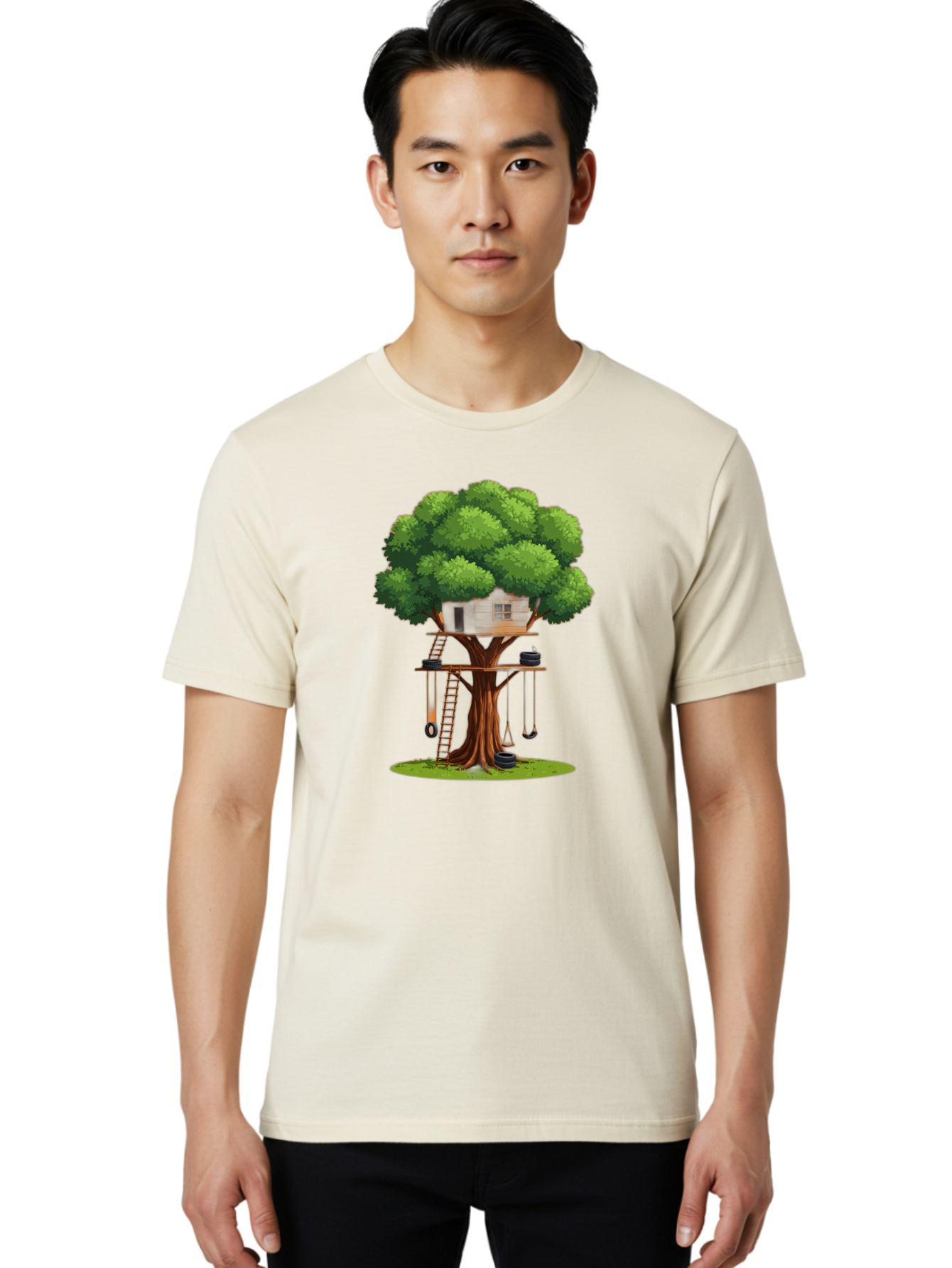 Treehouse Men'S Graphic Tee, 100% Cotton, Comfortable Casual Summer Wear, Machine Washable, Treehouse In The Tree, Wooden Ladder, Rope Swings, Natural Scenery, Outdoor Play, Whimsical Design, Fantasy Getaway, Imaginative Play, Bab552