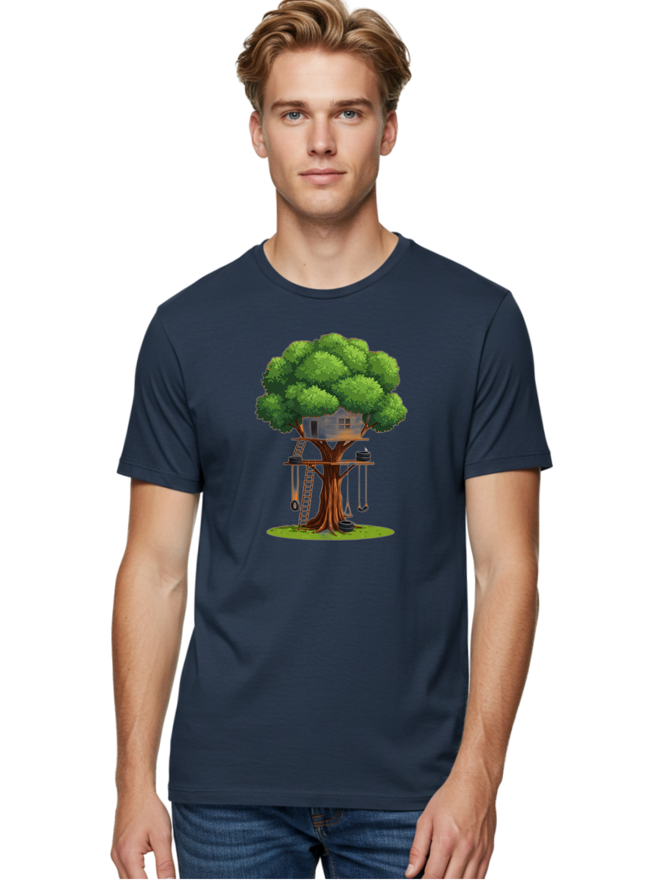 Treehouse Men'S Graphic Tee, 100% Cotton, Comfortable Casual Summer Wear, Machine Washable, Treehouse In The Tree, Wooden Ladder, Rope Swings, Natural Scenery, Outdoor Play, Whimsical Design, Fantasy Getaway, Imaginative Play, Bab552