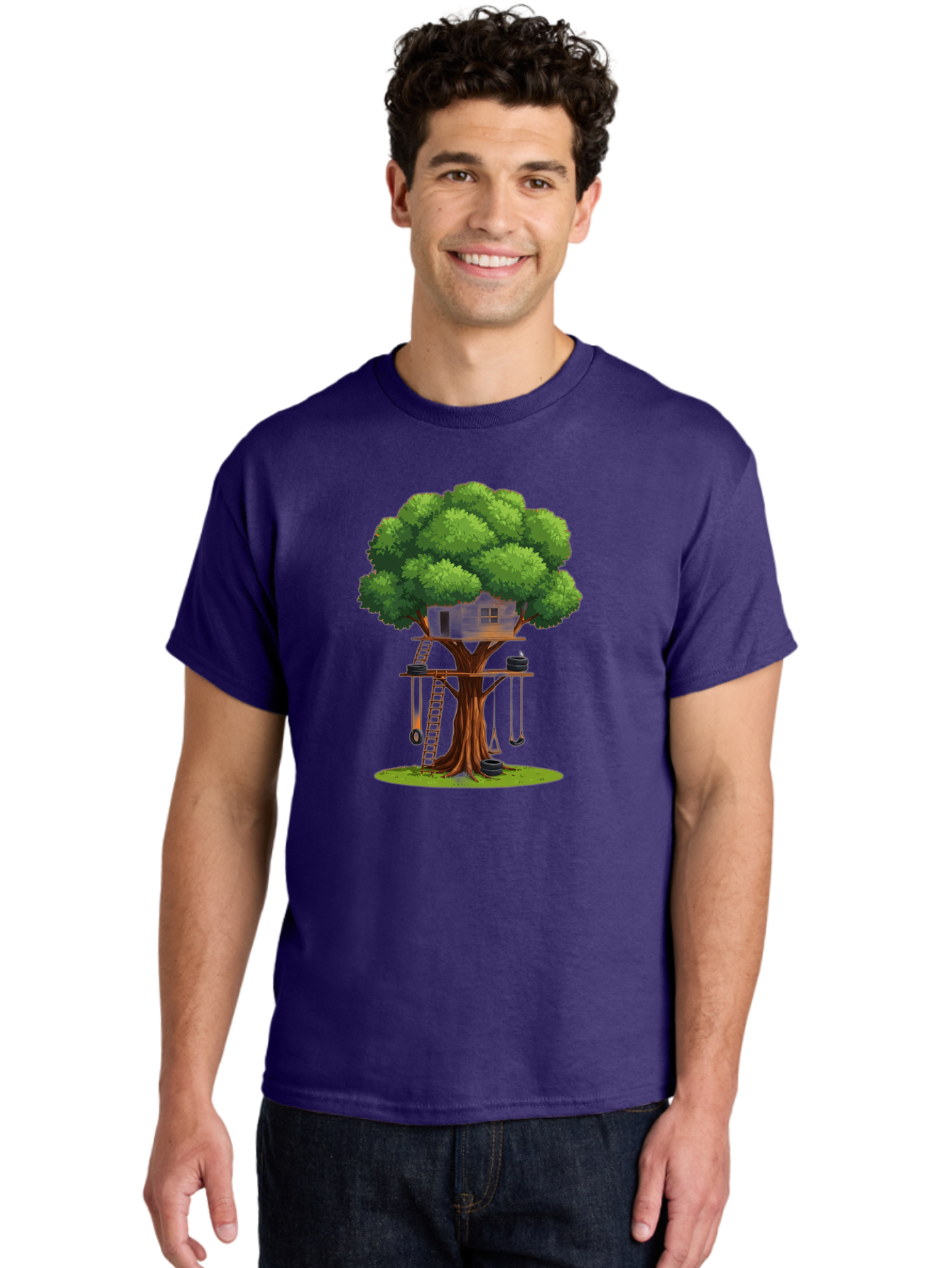 Treehouse Men'S Graphic Tee, 100% Cotton, Comfortable Casual Summer Wear, Machine Washable, Treehouse In The Tree, Wooden Ladder, Rope Swings, Natural Scenery, Outdoor Play, Whimsical Design, Fantasy Getaway, Imaginative Play, Bab552