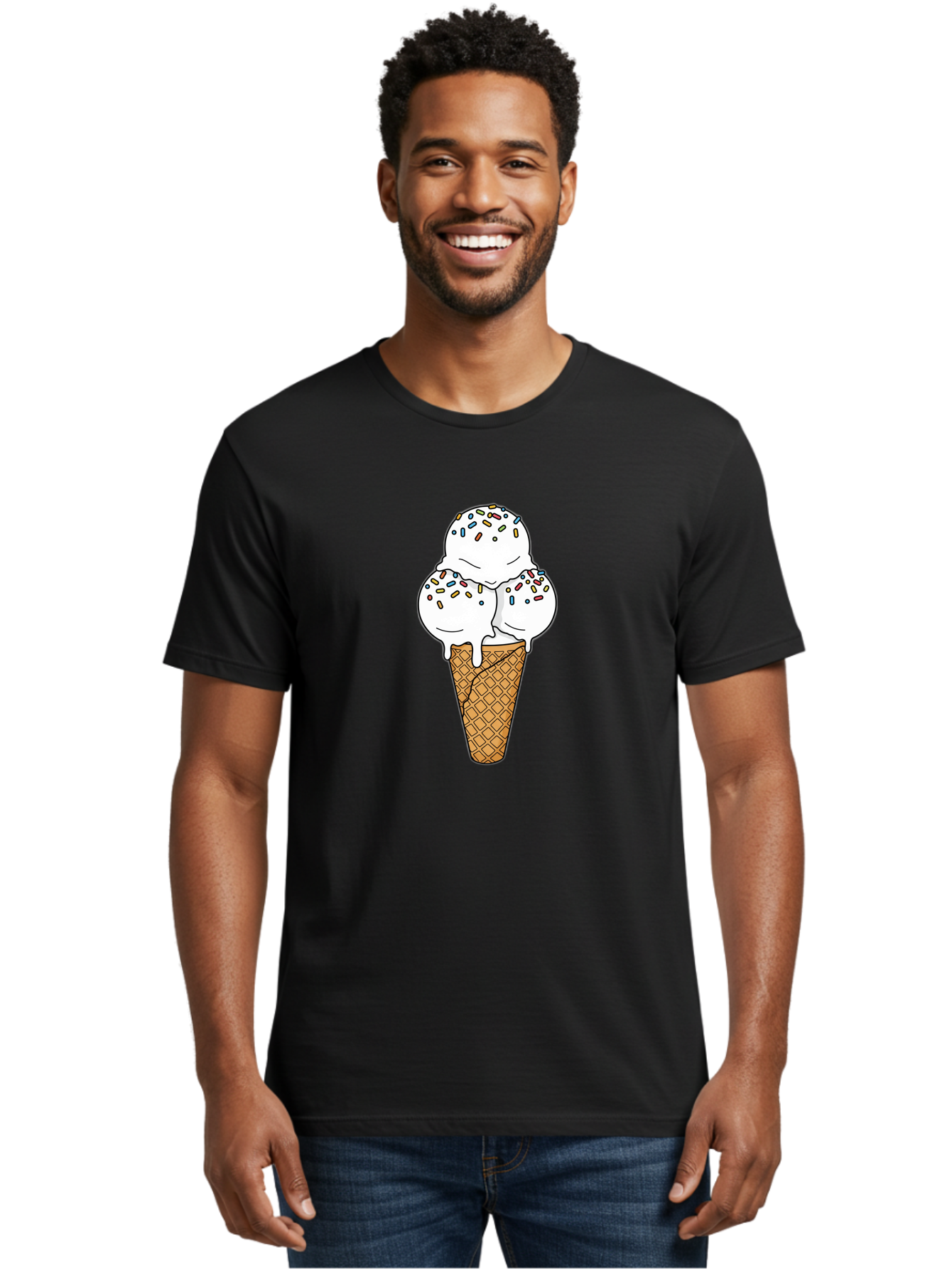 Tri-Scoop-Ice-Cream-Cone Men'S Graphic Tee, 100% Cotton, Comfortable Casual Summer Wear, Machine Washable, White Ice Cream, Colorful Sprinkles, Melting Ice Cream, Waffle Cone, Sweet Treat, Colorful Dessert, Summer Treat, Ice Cream Cone Bab553