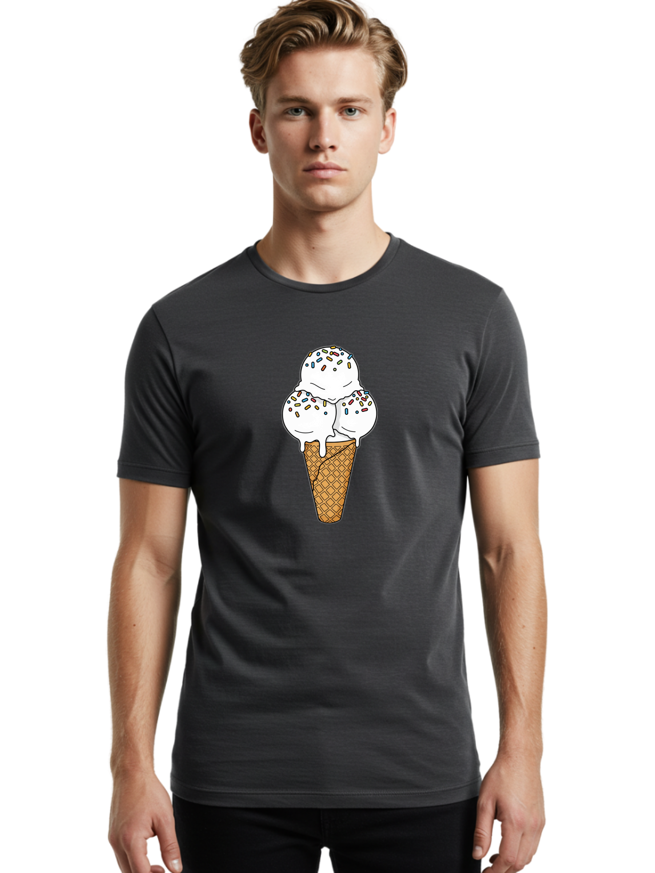 Tri-Scoop-Ice-Cream-Cone Men'S Graphic Tee, 100% Cotton, Comfortable Casual Summer Wear, Machine Washable, White Ice Cream, Colorful Sprinkles, Melting Ice Cream, Waffle Cone, Sweet Treat, Colorful Dessert, Summer Treat, Ice Cream Cone Bab553