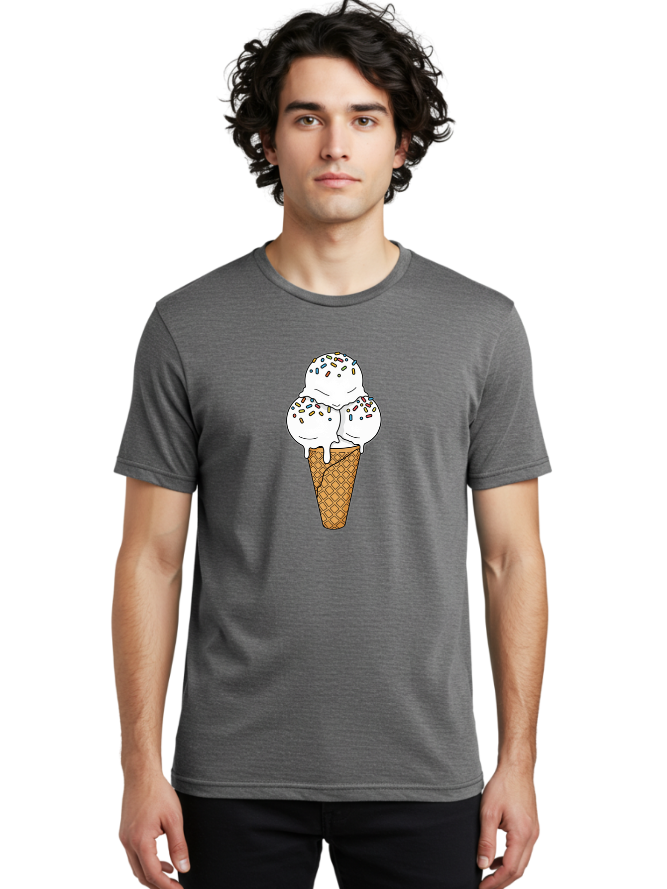 Tri-Scoop-Ice-Cream-Cone Men'S Graphic Tee, 100% Cotton, Comfortable Casual Summer Wear, Machine Washable, White Ice Cream, Colorful Sprinkles, Melting Ice Cream, Waffle Cone, Sweet Treat, Colorful Dessert, Summer Treat, Ice Cream Cone Bab553