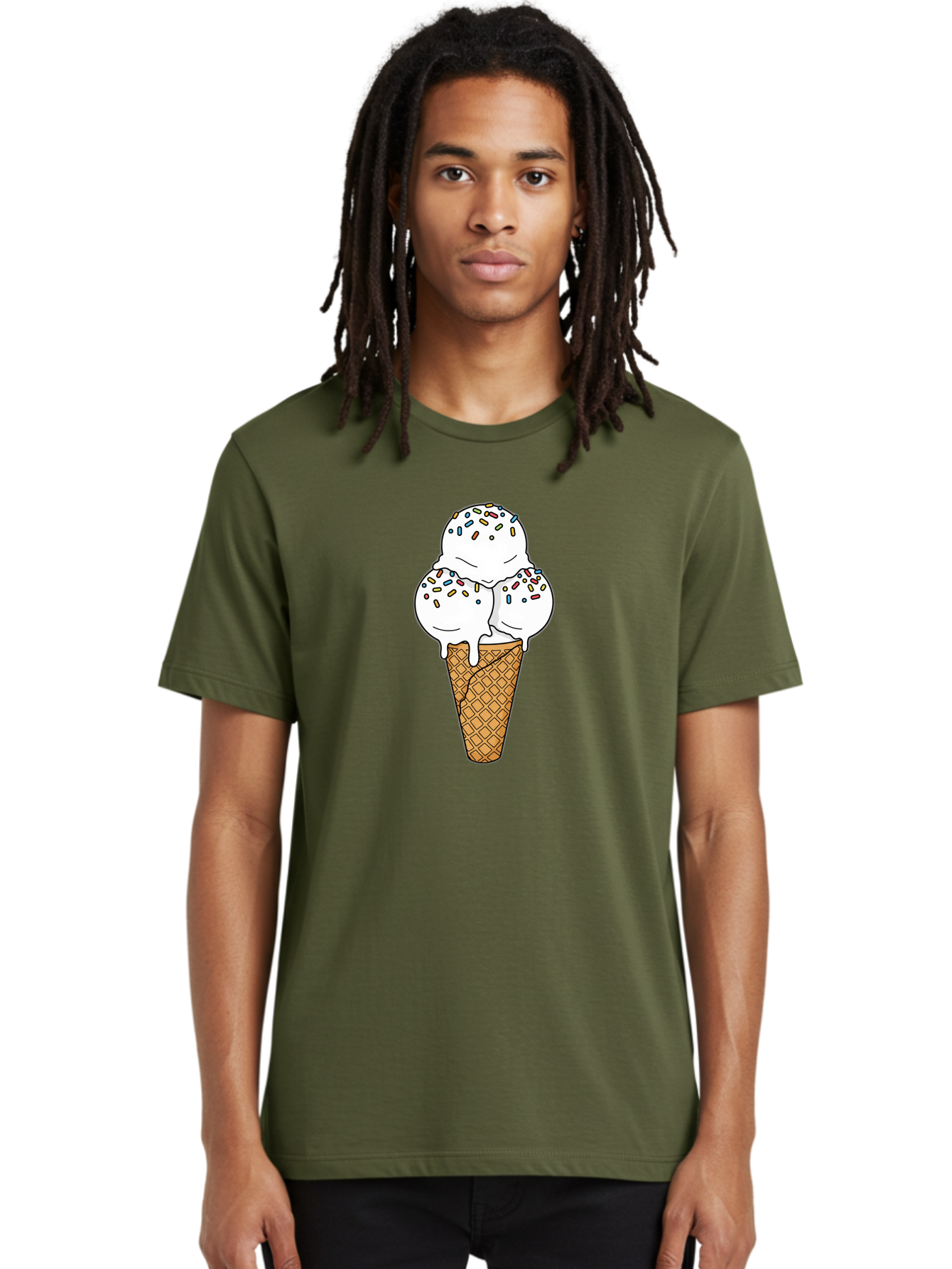 Tri-Scoop-Ice-Cream-Cone Men'S Graphic Tee, 100% Cotton, Comfortable Casual Summer Wear, Machine Washable, White Ice Cream, Colorful Sprinkles, Melting Ice Cream, Waffle Cone, Sweet Treat, Colorful Dessert, Summer Treat, Ice Cream Cone Bab553