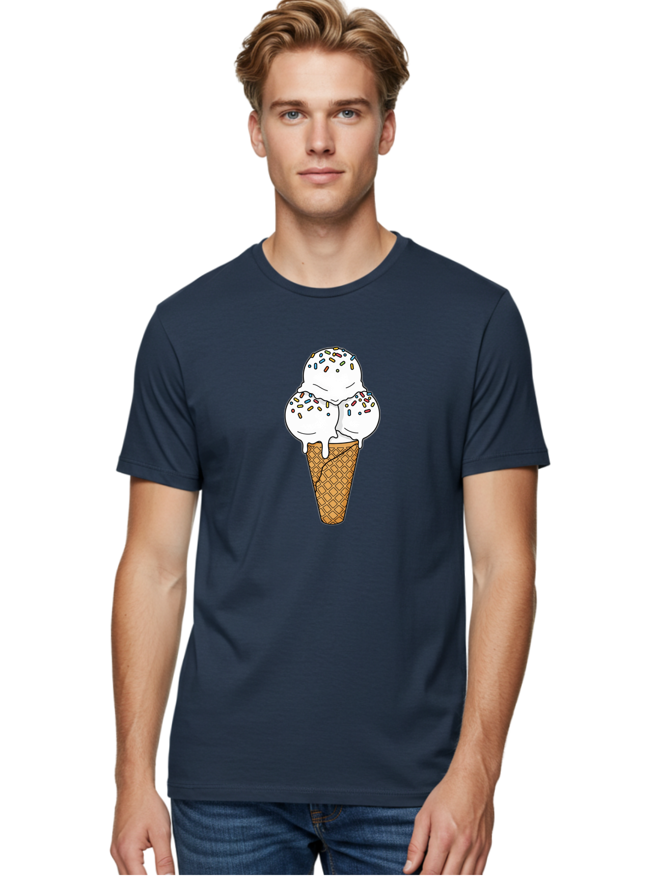 Tri-Scoop-Ice-Cream-Cone Men'S Graphic Tee, 100% Cotton, Comfortable Casual Summer Wear, Machine Washable, White Ice Cream, Colorful Sprinkles, Melting Ice Cream, Waffle Cone, Sweet Treat, Colorful Dessert, Summer Treat, Ice Cream Cone Bab553