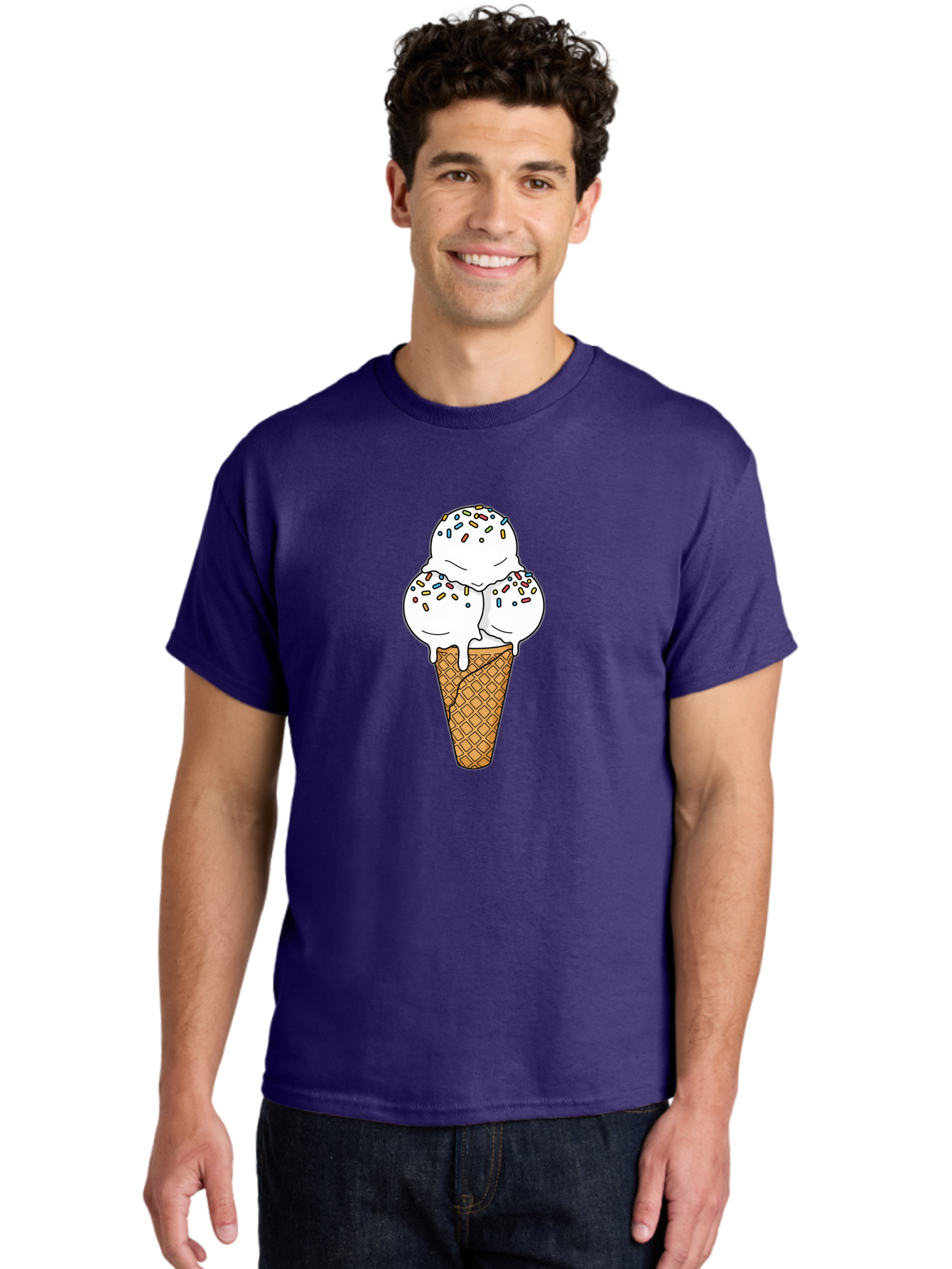 Tri-Scoop-Ice-Cream-Cone Men'S Graphic Tee, 100% Cotton, Comfortable Casual Summer Wear, Machine Washable, White Ice Cream, Colorful Sprinkles, Melting Ice Cream, Waffle Cone, Sweet Treat, Colorful Dessert, Summer Treat, Ice Cream Cone Bab553