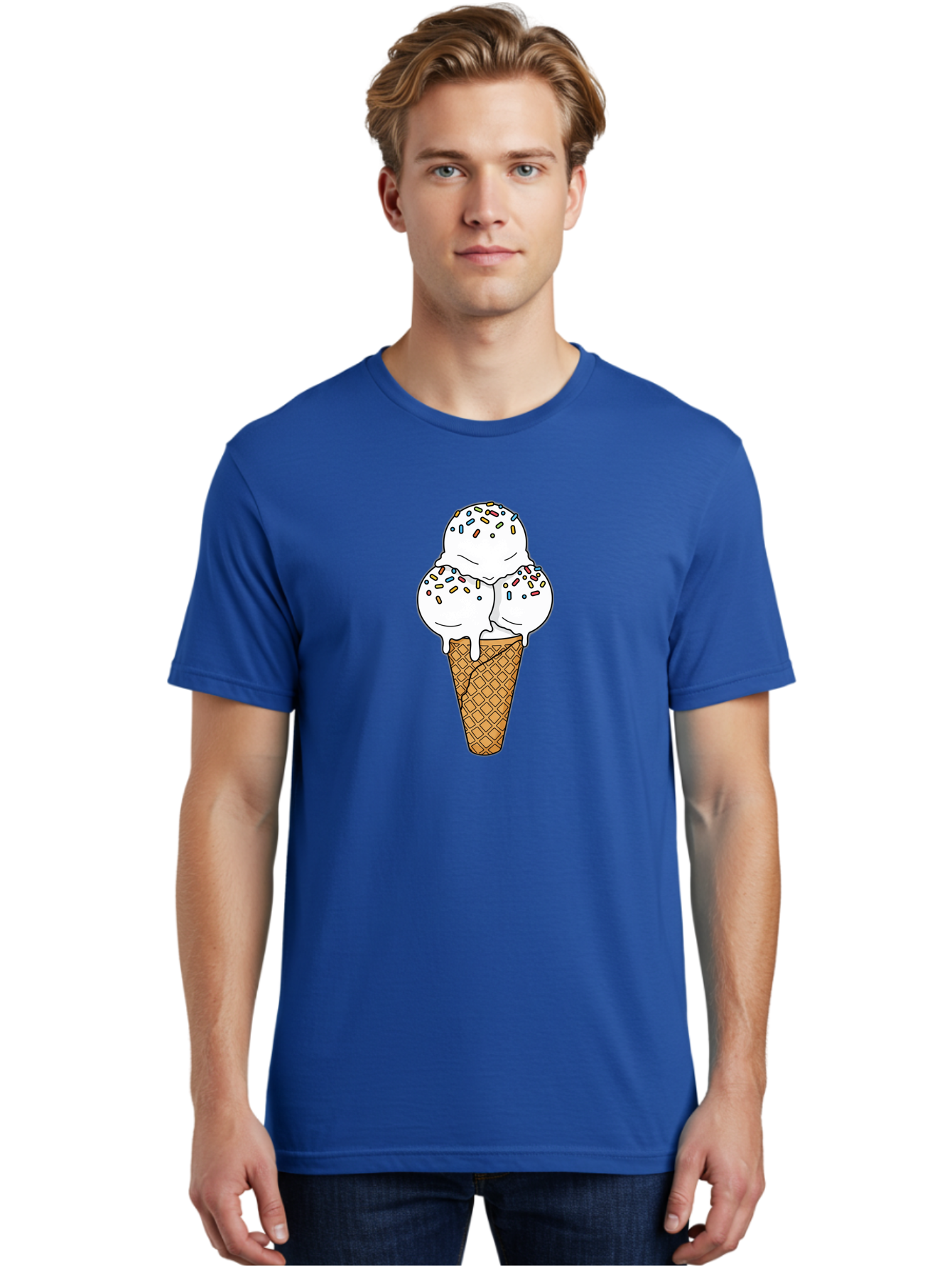 Tri-Scoop-Ice-Cream-Cone Men'S Graphic Tee, 100% Cotton, Comfortable Casual Summer Wear, Machine Washable, White Ice Cream, Colorful Sprinkles, Melting Ice Cream, Waffle Cone, Sweet Treat, Colorful Dessert, Summer Treat, Ice Cream Cone Bab553