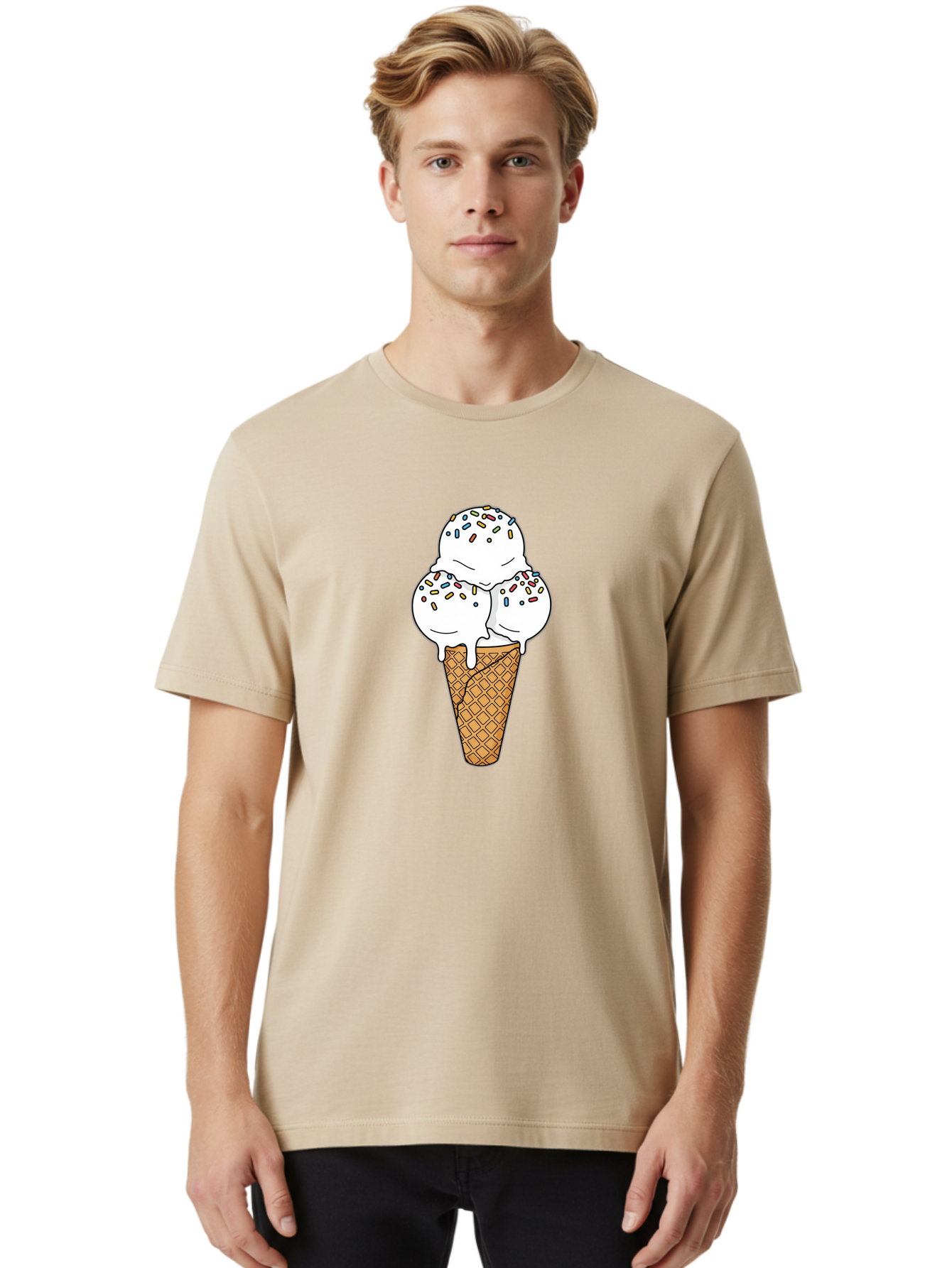 Tri-Scoop-Ice-Cream-Cone Men'S Graphic Tee, 100% Cotton, Comfortable Casual Summer Wear, Machine Washable, White Ice Cream, Colorful Sprinkles, Melting Ice Cream, Waffle Cone, Sweet Treat, Colorful Dessert, Summer Treat, Ice Cream Cone Bab553