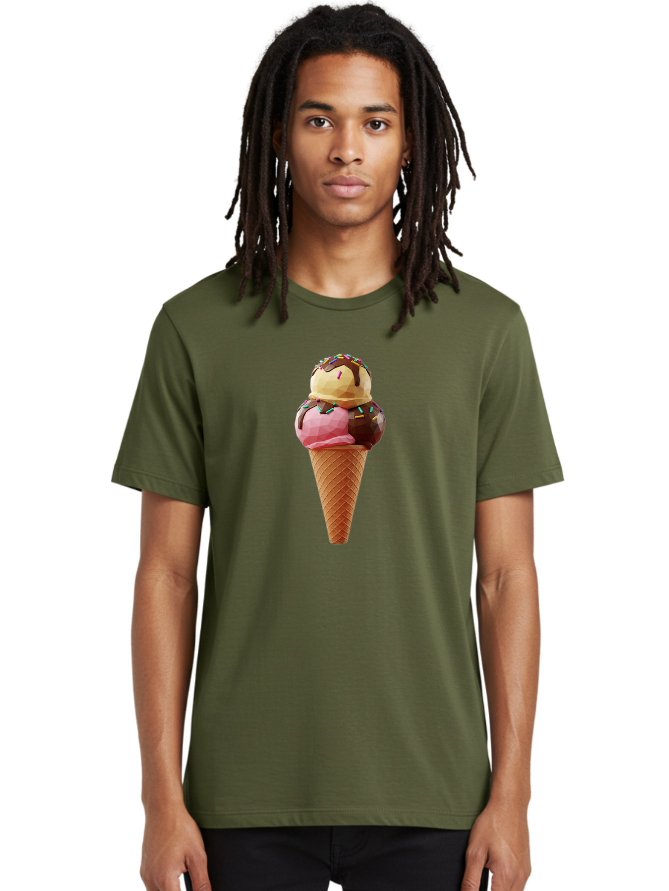 Triple-Scoop-Ice-Cream-1 Men'S Graphic Tee, 100% Cotton, Comfortable Casual Summer Wear, Machine Washable, Tri-Colored Ice Cream Cone, Sweet Treats, Colorful Dessert, Waffle Cone, Chocolate Sauce, Sprinkles, Pink Ice Cream, Brown Ice Cream, Bab554