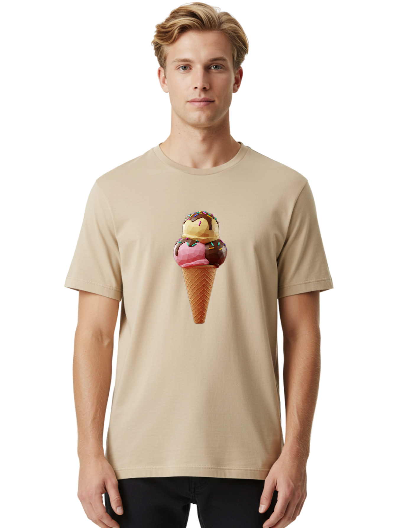 Triple-Scoop-Ice-Cream-1 Men'S Graphic Tee, 100% Cotton, Comfortable Casual Summer Wear, Machine Washable, Tri-Colored Ice Cream Cone, Sweet Treats, Colorful Dessert, Waffle Cone, Chocolate Sauce, Sprinkles, Pink Ice Cream, Brown Ice Cream, Bab554