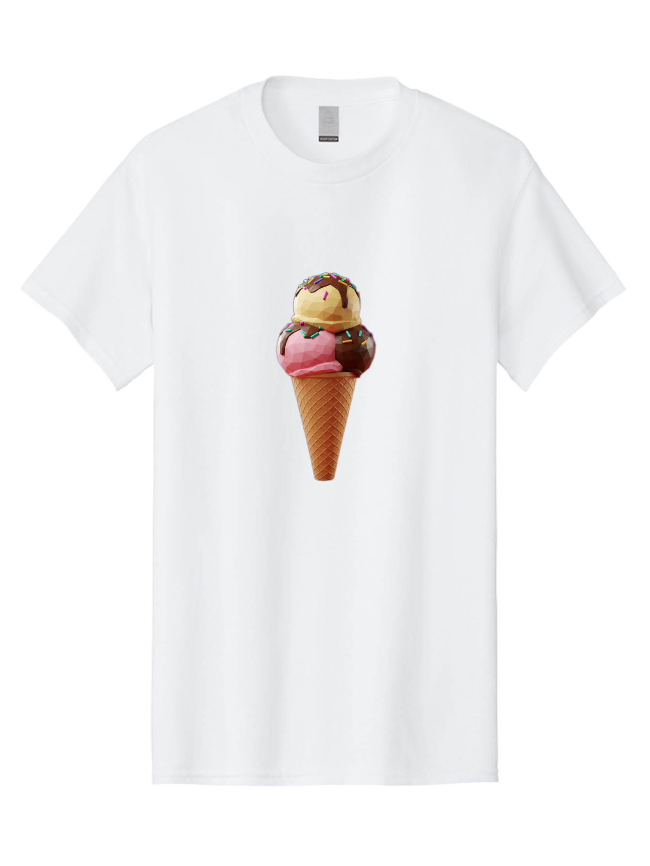 Triple-Scoop-Ice-Cream-1 Men'S Graphic Tee, 100% Cotton, Comfortable Casual Summer Wear, Machine Washable, Tri-Colored Ice Cream Cone, Sweet Treats, Colorful Dessert, Waffle Cone, Chocolate Sauce, Sprinkles, Pink Ice Cream, Brown Ice Cream, Bab554