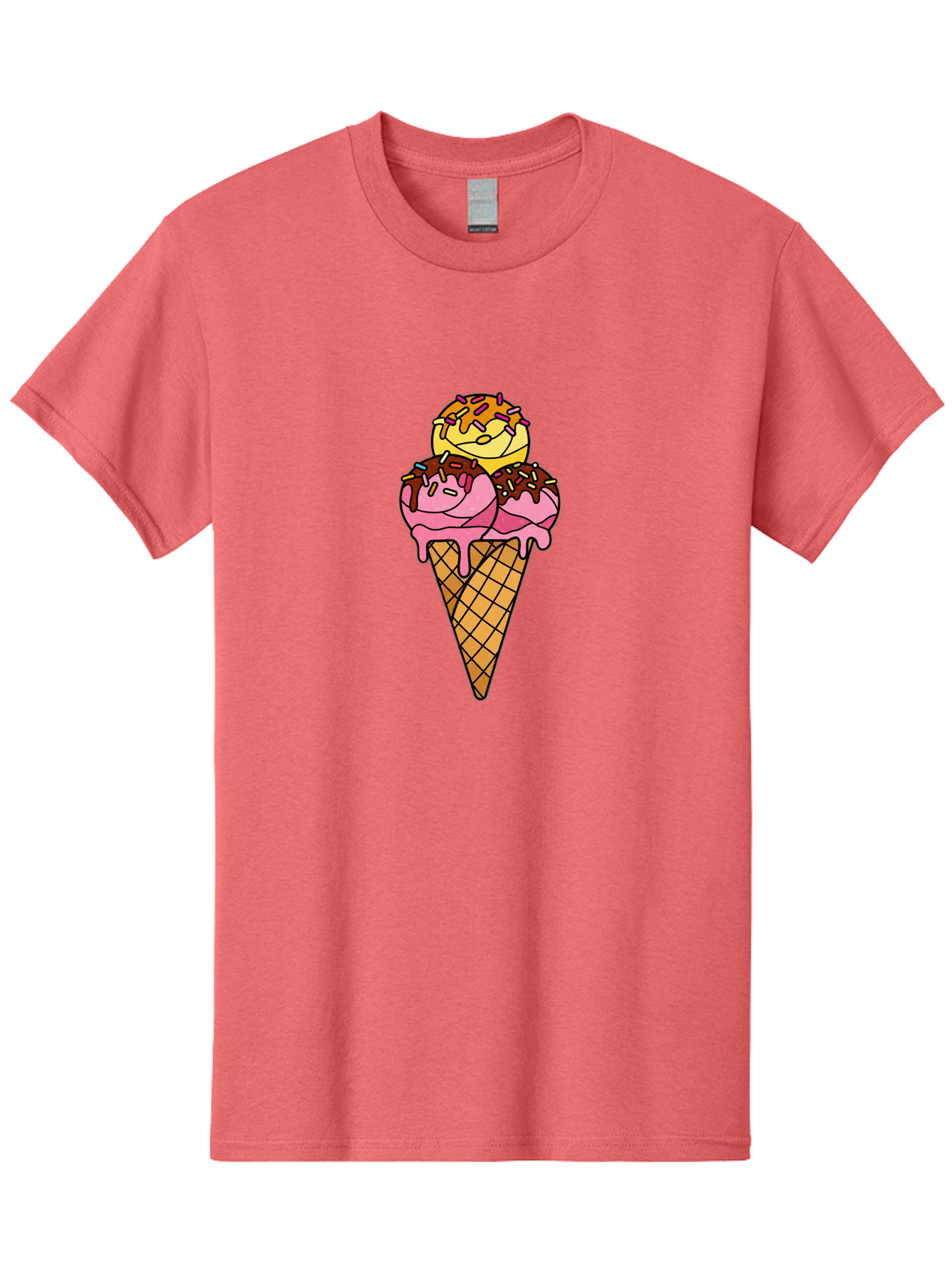 Triple-Scoop-Ice-Cream-2 Men'S Graphic Tee, 100% Cotton, Comfortable Casual Summer Wear, Machine Washable, Ice Cream Cone, Sweet Treats, Dessert, Melting Ice Cream, Pink Ice Cream, Chocolate Drizzle, Sprinkles, Waffle Cone Bab555