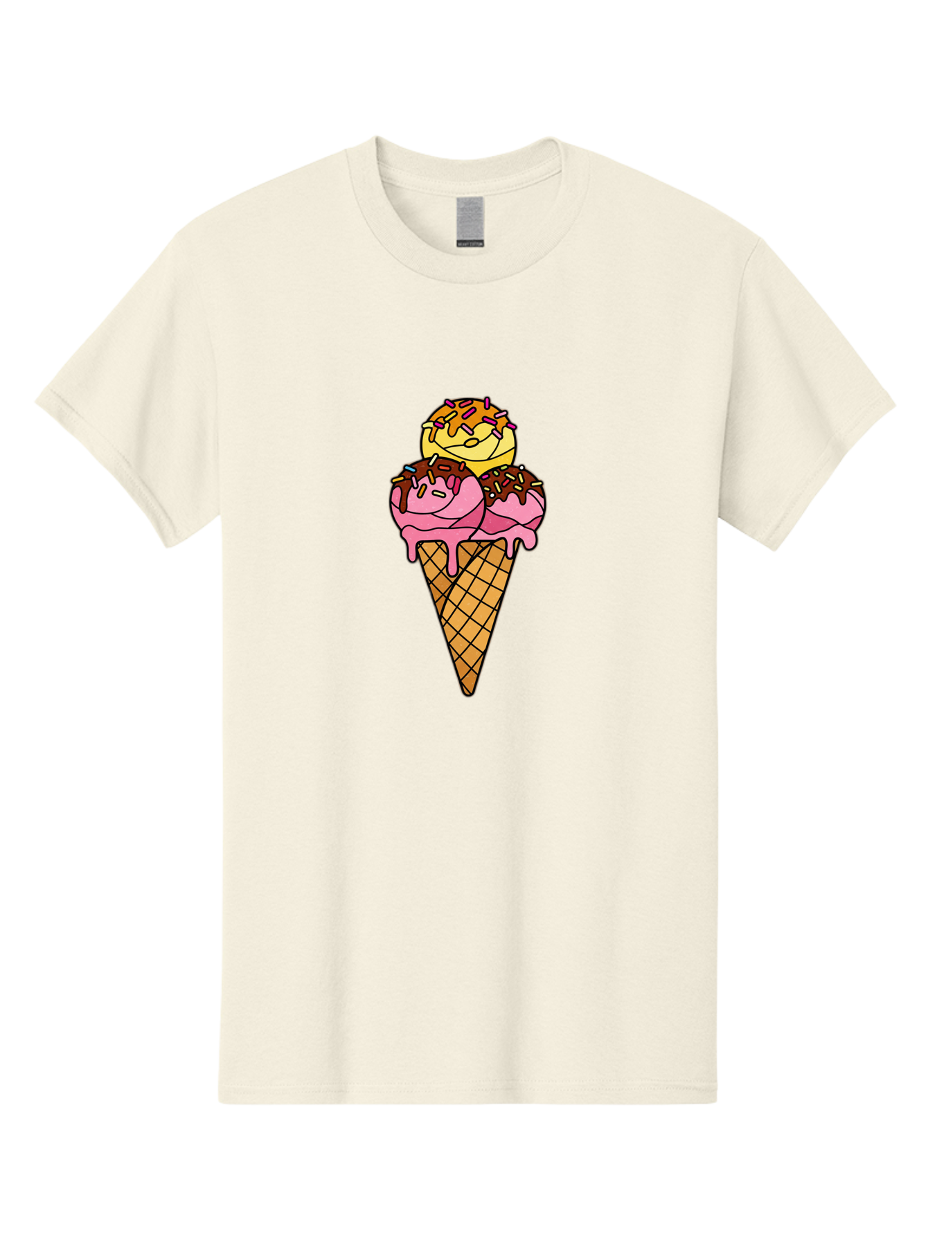 Triple-Scoop-Ice-Cream-2 Men'S Graphic Tee, 100% Cotton, Comfortable Casual Summer Wear, Machine Washable, Ice Cream Cone, Sweet Treats, Dessert, Melting Ice Cream, Pink Ice Cream, Chocolate Drizzle, Sprinkles, Waffle Cone Bab555