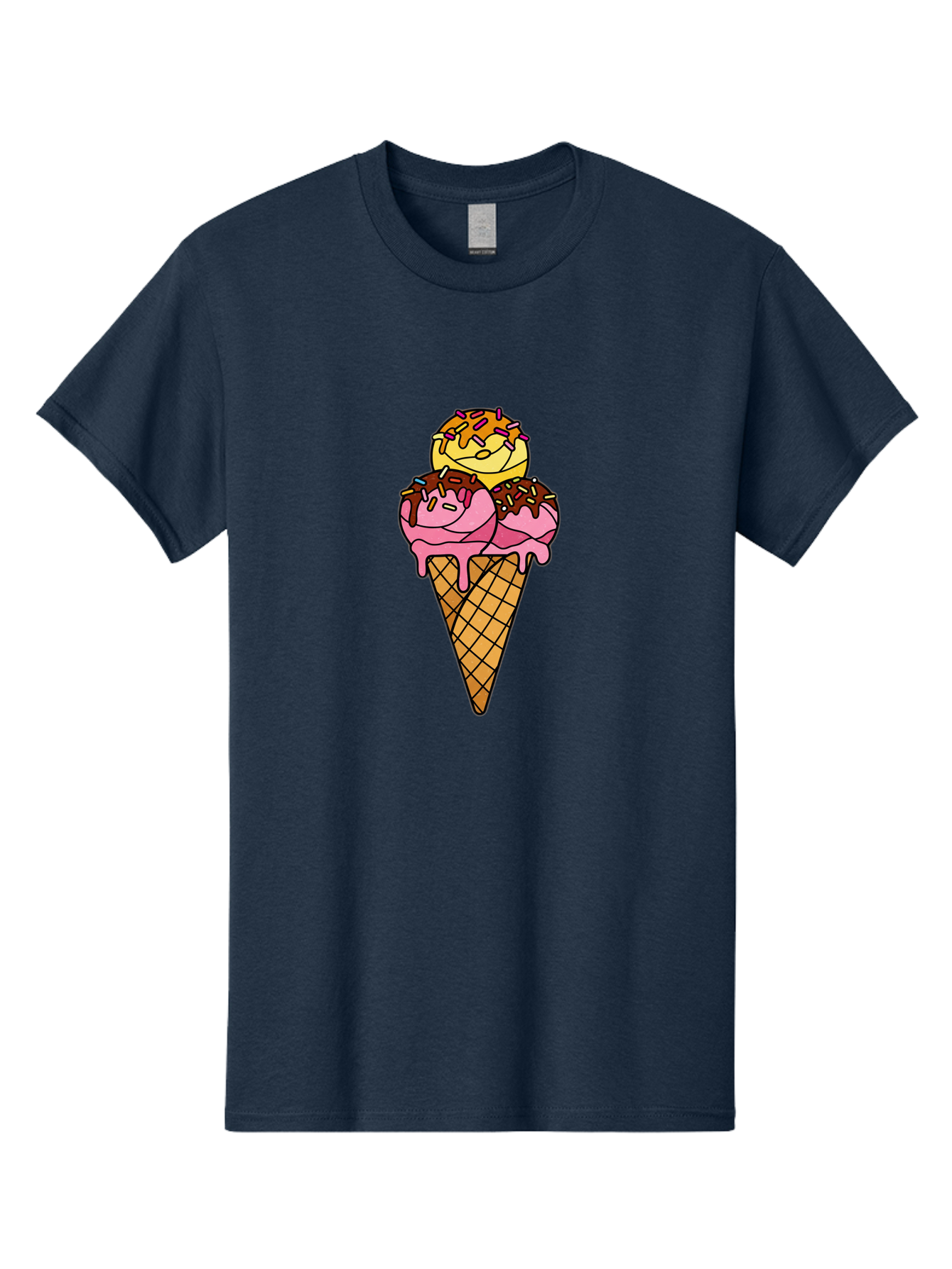 Triple-Scoop-Ice-Cream-2 Men'S Graphic Tee, 100% Cotton, Comfortable Casual Summer Wear, Machine Washable, Ice Cream Cone, Sweet Treats, Dessert, Melting Ice Cream, Pink Ice Cream, Chocolate Drizzle, Sprinkles, Waffle Cone Bab555