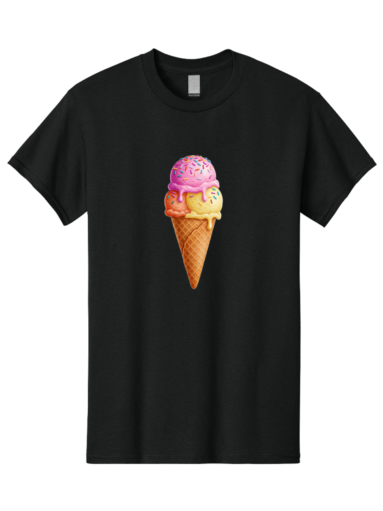 Triple-Scoop-Ice-Cream-3 Men'S Graphic Tee, 100% Cotton, Comfortable Casual Summer Wear, Machine Washable, Triple Scoop Ice Cream, Waffle Cone, Colorful Sprinkles, Melting Ice Cream, Sweet Treat, Dessert Delight, Pastel Colors, Summer Fun, Bab556