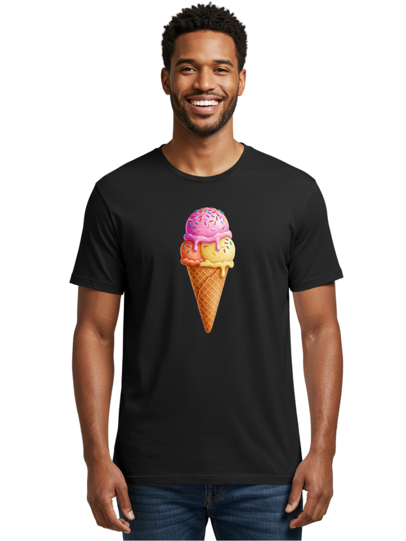 Triple-Scoop-Ice-Cream-3 Men'S Graphic Tee, 100% Cotton, Comfortable Casual Summer Wear, Machine Washable, Triple Scoop Ice Cream, Waffle Cone, Colorful Sprinkles, Melting Ice Cream, Sweet Treat, Dessert Delight, Pastel Colors, Summer Fun, Bab556