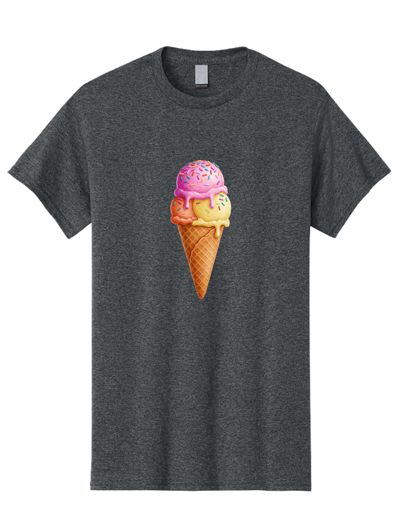 Triple-Scoop-Ice-Cream-3 Men'S Graphic Tee, 100% Cotton, Comfortable Casual Summer Wear, Machine Washable, Triple Scoop Ice Cream, Waffle Cone, Colorful Sprinkles, Melting Ice Cream, Sweet Treat, Dessert Delight, Pastel Colors, Summer Fun, Bab556
