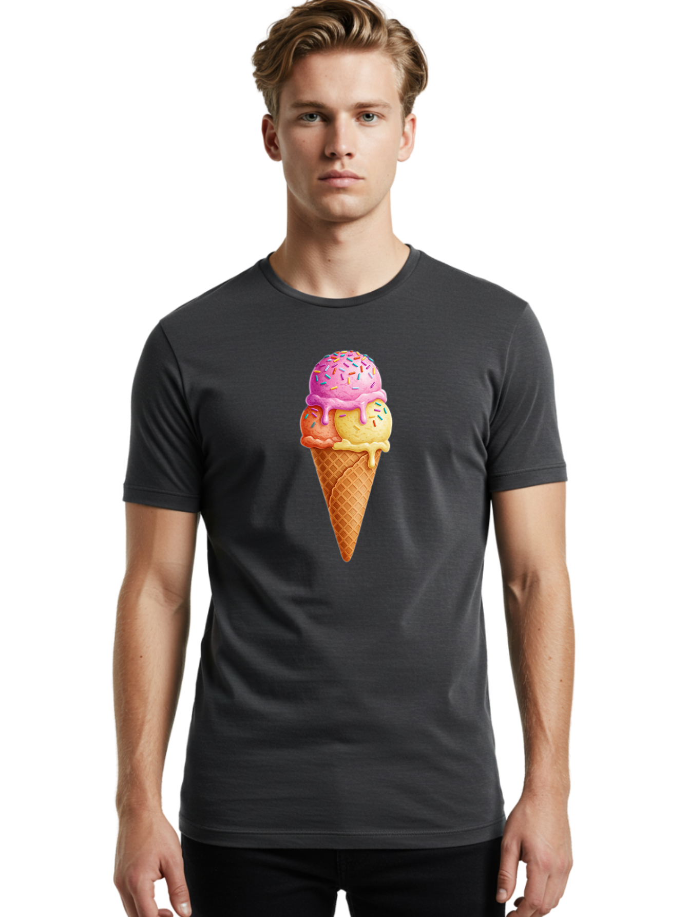 Triple-Scoop-Ice-Cream-3 Men'S Graphic Tee, 100% Cotton, Comfortable Casual Summer Wear, Machine Washable, Triple Scoop Ice Cream, Waffle Cone, Colorful Sprinkles, Melting Ice Cream, Sweet Treat, Dessert Delight, Pastel Colors, Summer Fun, Bab556