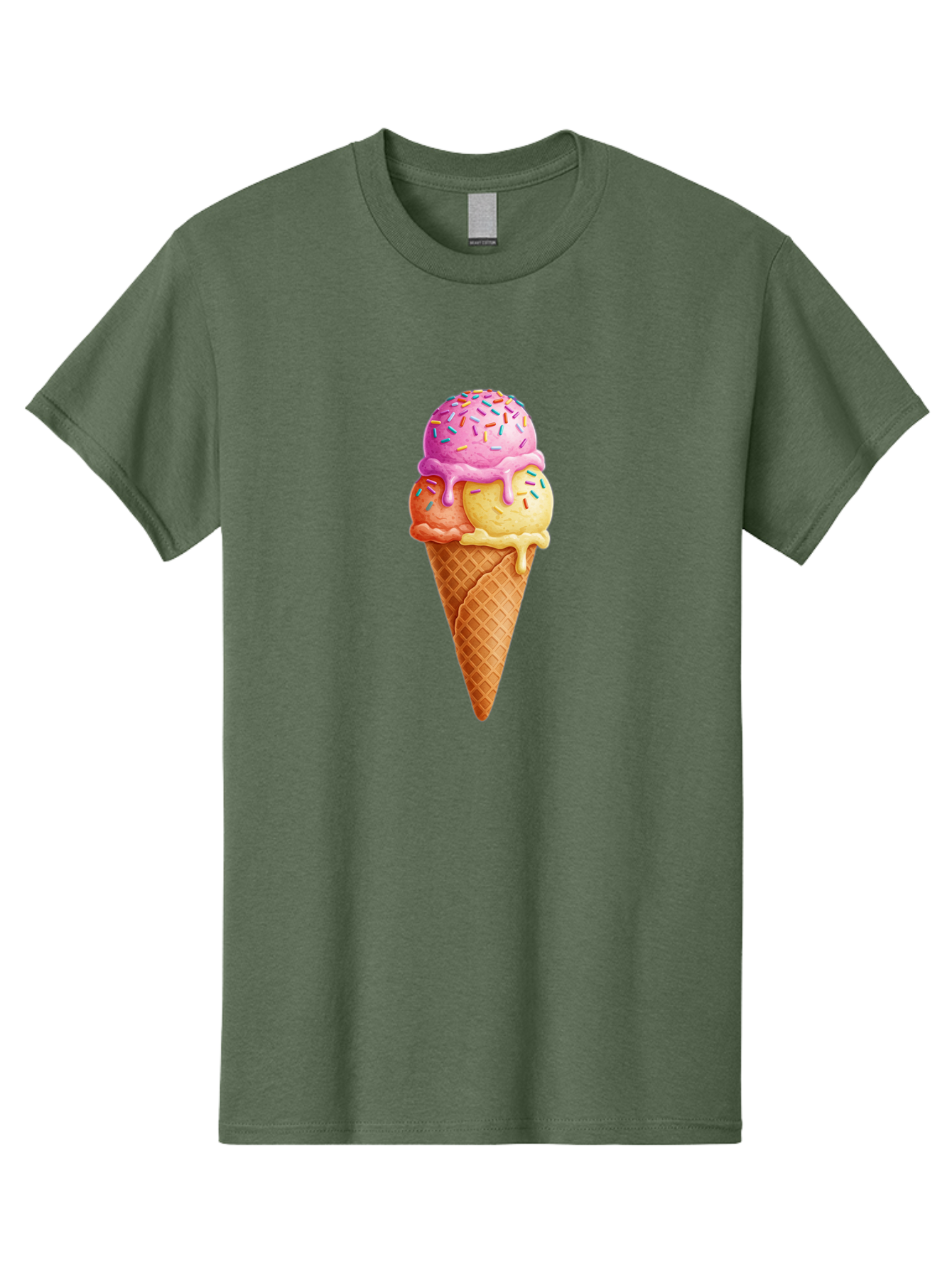 Triple-Scoop-Ice-Cream-3 Men'S Graphic Tee, 100% Cotton, Comfortable Casual Summer Wear, Machine Washable, Triple Scoop Ice Cream, Waffle Cone, Colorful Sprinkles, Melting Ice Cream, Sweet Treat, Dessert Delight, Pastel Colors, Summer Fun, Bab556