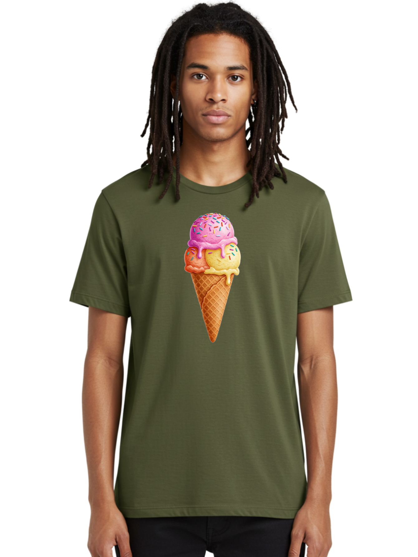 Triple-Scoop-Ice-Cream-3 Men'S Graphic Tee, 100% Cotton, Comfortable Casual Summer Wear, Machine Washable, Triple Scoop Ice Cream, Waffle Cone, Colorful Sprinkles, Melting Ice Cream, Sweet Treat, Dessert Delight, Pastel Colors, Summer Fun, Bab556