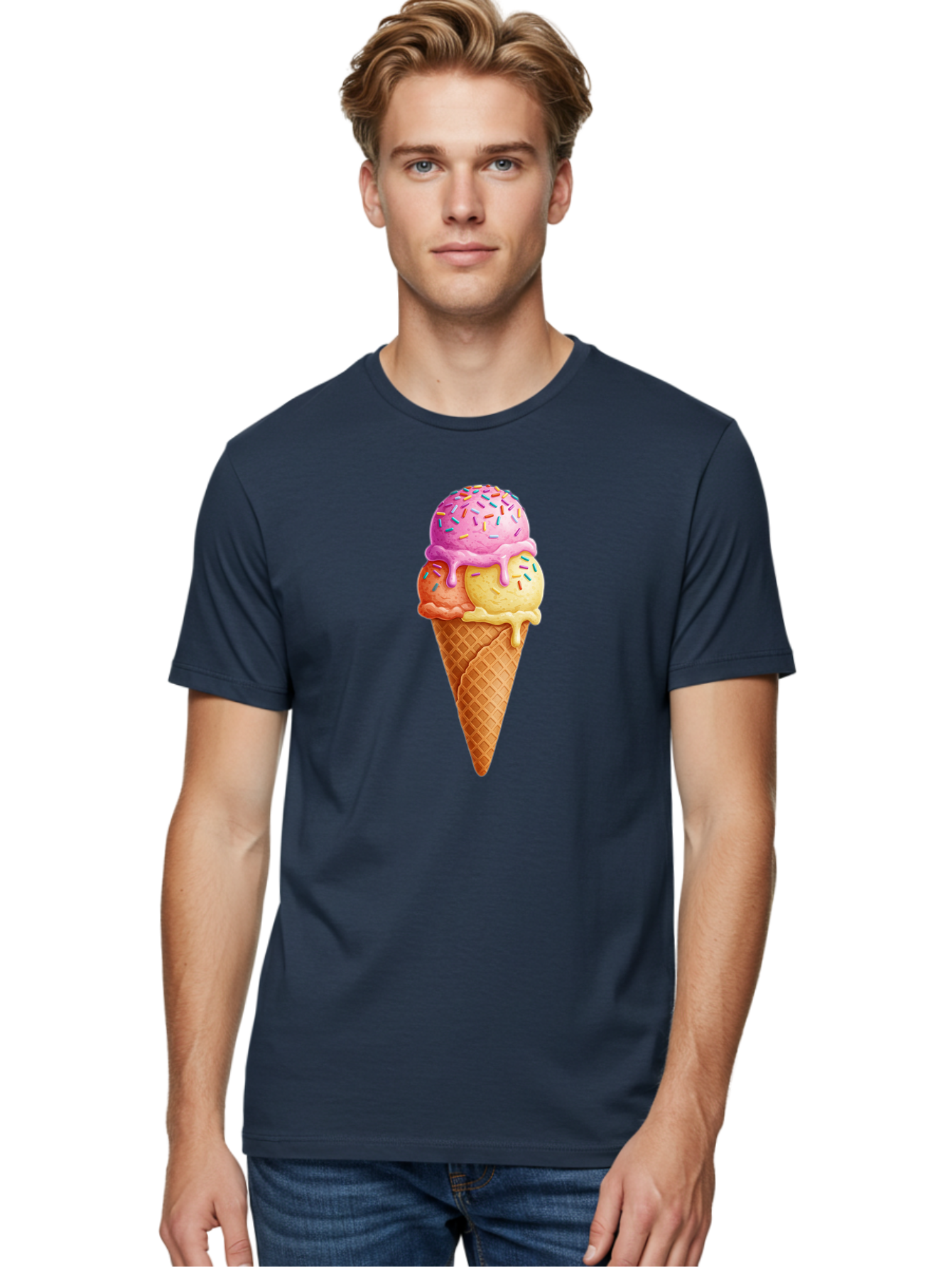 Triple-Scoop-Ice-Cream-3 Men'S Graphic Tee, 100% Cotton, Comfortable Casual Summer Wear, Machine Washable, Triple Scoop Ice Cream, Waffle Cone, Colorful Sprinkles, Melting Ice Cream, Sweet Treat, Dessert Delight, Pastel Colors, Summer Fun, Bab556