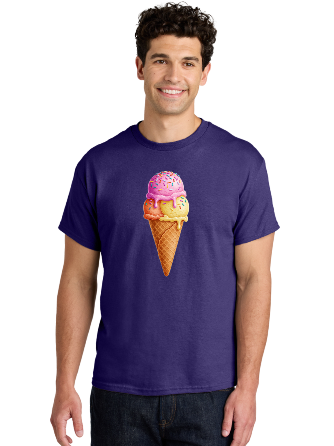 Triple-Scoop-Ice-Cream-3 Men'S Graphic Tee, 100% Cotton, Comfortable Casual Summer Wear, Machine Washable, Triple Scoop Ice Cream, Waffle Cone, Colorful Sprinkles, Melting Ice Cream, Sweet Treat, Dessert Delight, Pastel Colors, Summer Fun, Bab556