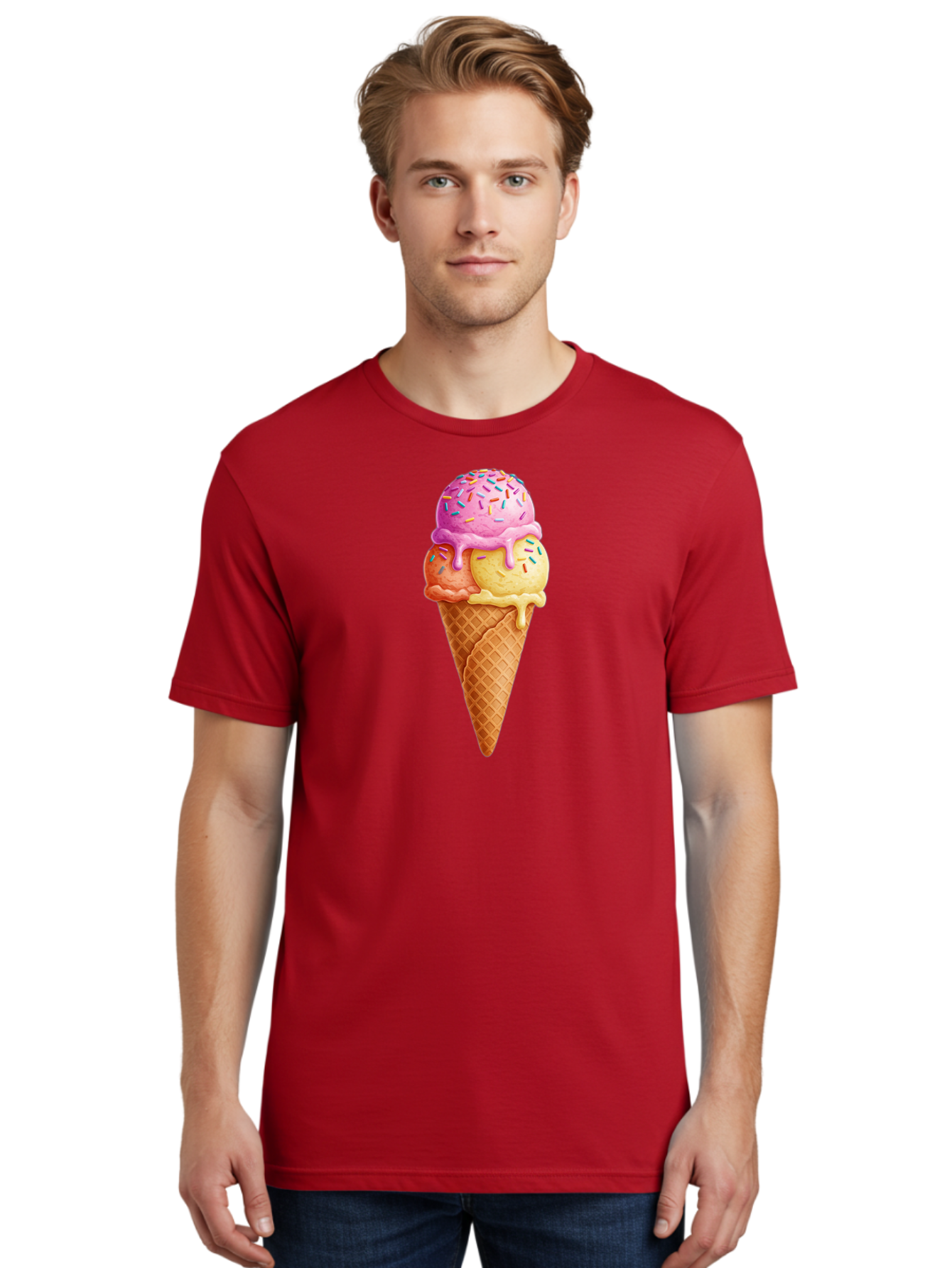 Triple-Scoop-Ice-Cream-3 Men'S Graphic Tee, 100% Cotton, Comfortable Casual Summer Wear, Machine Washable, Triple Scoop Ice Cream, Waffle Cone, Colorful Sprinkles, Melting Ice Cream, Sweet Treat, Dessert Delight, Pastel Colors, Summer Fun, Bab556