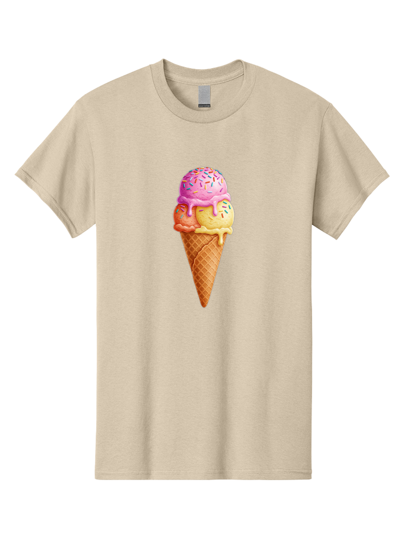 Triple-Scoop-Ice-Cream-3 Men'S Graphic Tee, 100% Cotton, Comfortable Casual Summer Wear, Machine Washable, Triple Scoop Ice Cream, Waffle Cone, Colorful Sprinkles, Melting Ice Cream, Sweet Treat, Dessert Delight, Pastel Colors, Summer Fun, Bab556