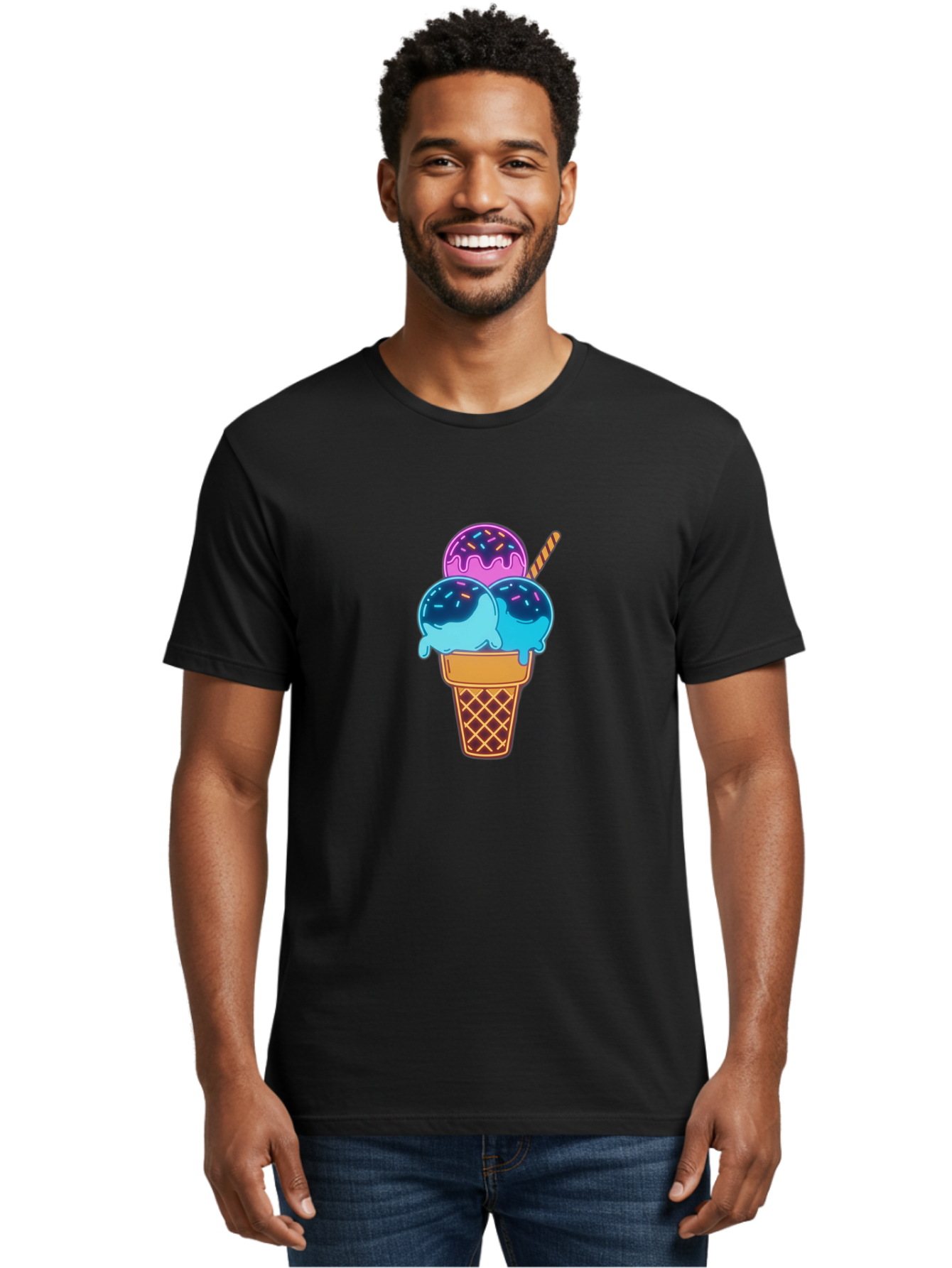 Triple-Scoop-Ice-Cream Men'S Graphic Tee, 100% Cotton, Comfortable Casual Summer Wear, Machine Washable, Ice Cream Cone, Three Scoops, Colorful Treats, Sweet Dessert, Sprinkles, Waffle Cone, Summer Fun, Creamy Texture, Vibrant Colors, Bab557