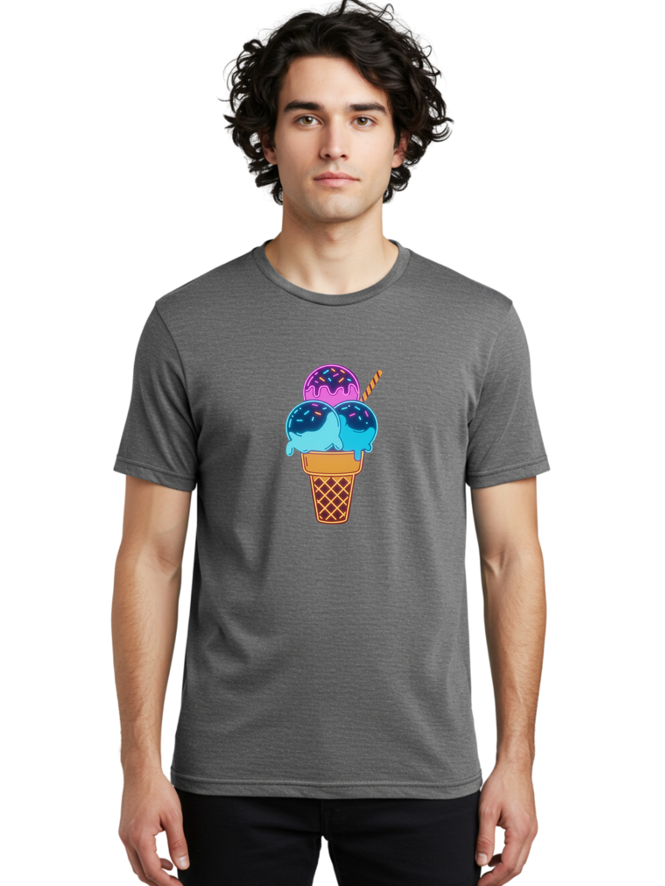 Triple-Scoop-Ice-Cream Men'S Graphic Tee, 100% Cotton, Comfortable Casual Summer Wear, Machine Washable, Ice Cream Cone, Three Scoops, Colorful Treats, Sweet Dessert, Sprinkles, Waffle Cone, Summer Fun, Creamy Texture, Vibrant Colors, Bab557