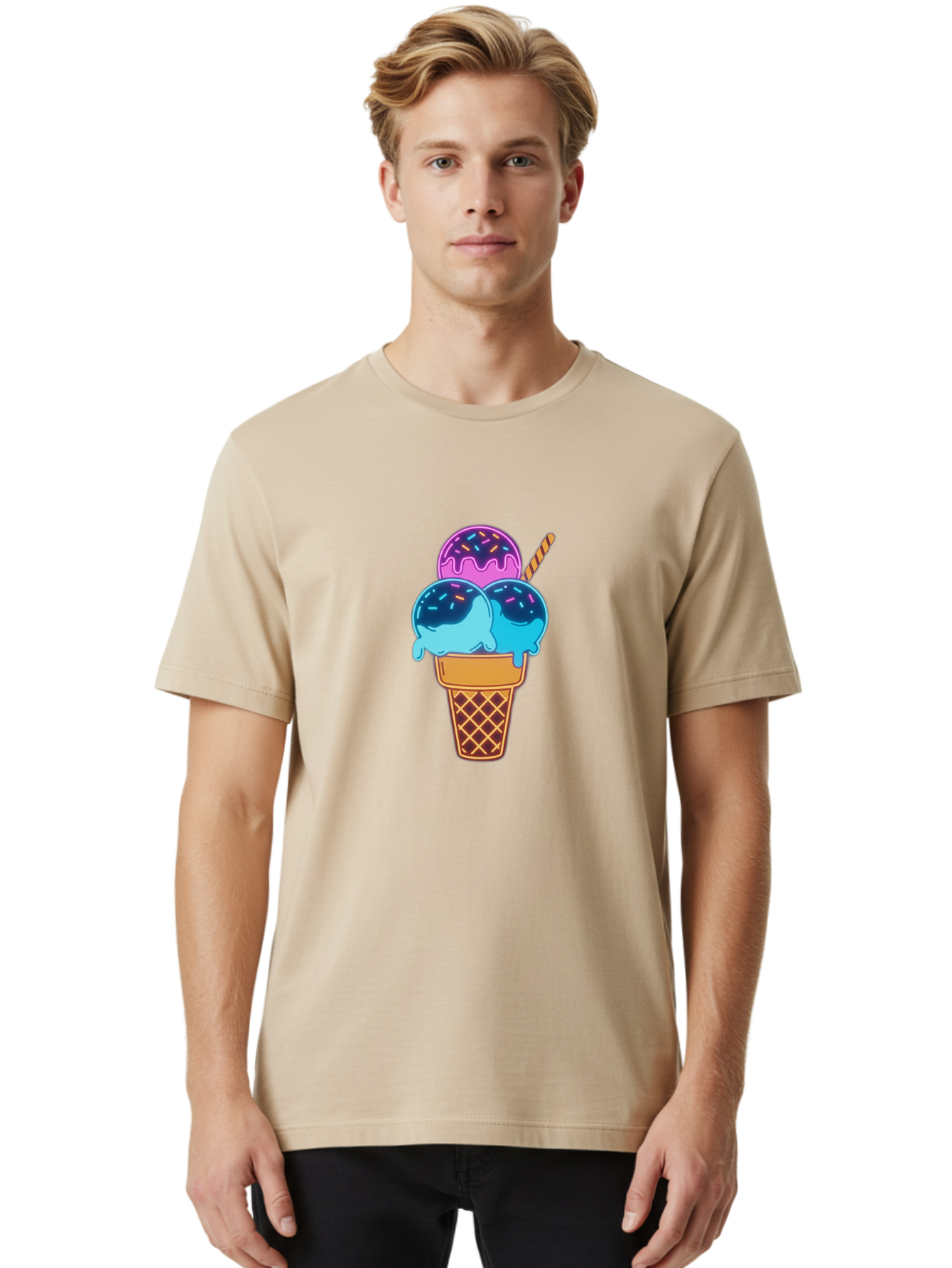 Triple-Scoop-Ice-Cream Men'S Graphic Tee, 100% Cotton, Comfortable Casual Summer Wear, Machine Washable, Ice Cream Cone, Three Scoops, Colorful Treats, Sweet Dessert, Sprinkles, Waffle Cone, Summer Fun, Creamy Texture, Vibrant Colors, Bab557