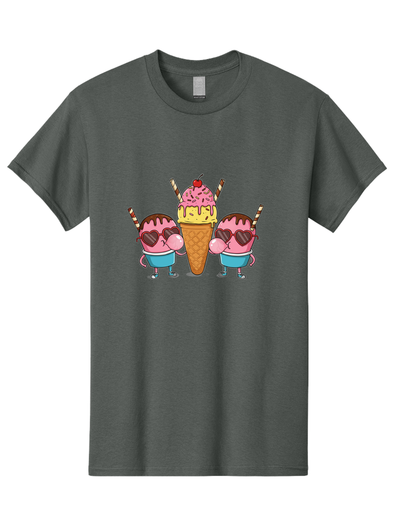 Twin-Ice-Cream Men'S Graphic Tee, 100% Cotton, Comfortable Casual Summer Wear, Machine Washable, Cartoon Ice Cream Characters, Heart-Shaped Sunglasses, Dripping Chocolate, Pink And Yellow Ice Cream, Sprinkles, Cherry On Top, Striped Straws, Bab559