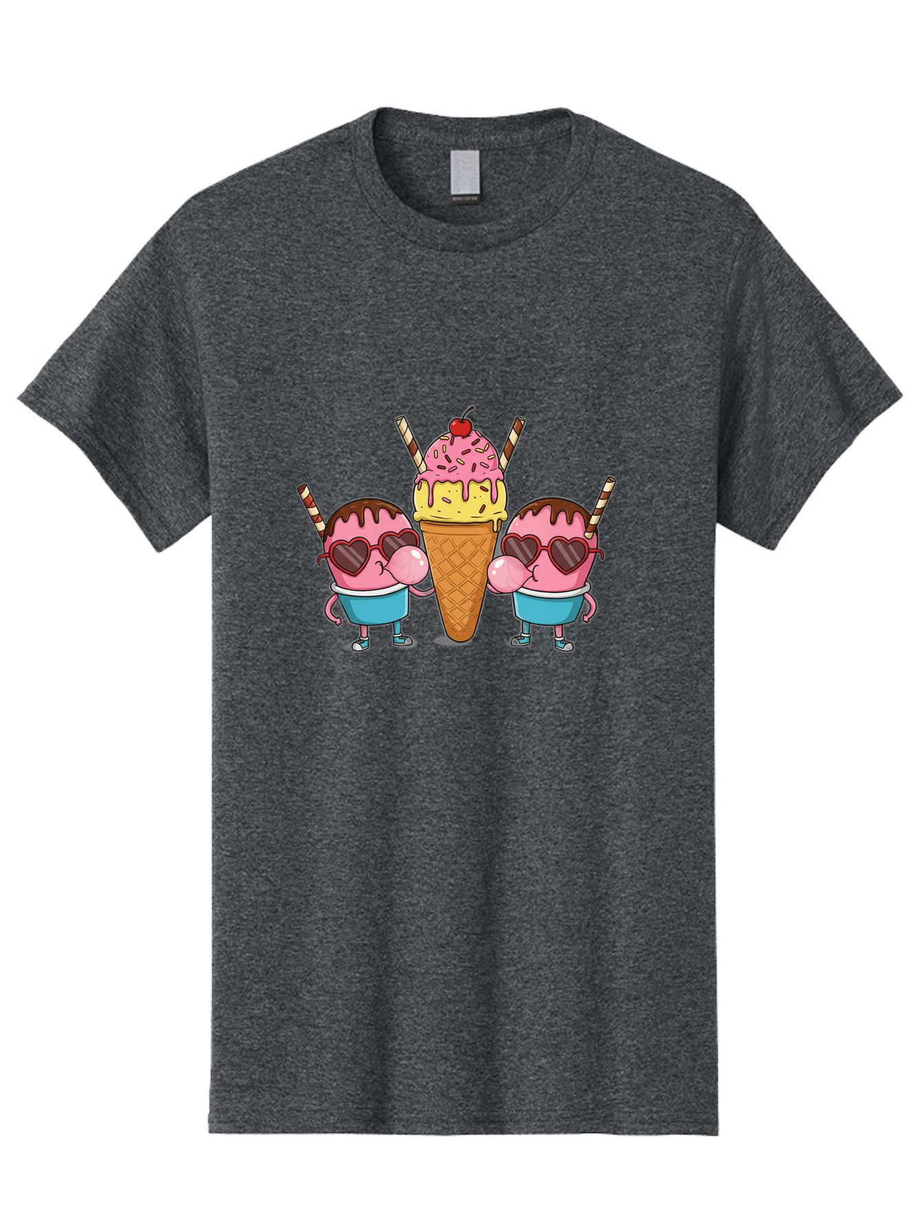 Twin-Ice-Cream Men'S Graphic Tee, 100% Cotton, Comfortable Casual Summer Wear, Machine Washable, Cartoon Ice Cream Characters, Heart-Shaped Sunglasses, Dripping Chocolate, Pink And Yellow Ice Cream, Sprinkles, Cherry On Top, Striped Straws, Bab559