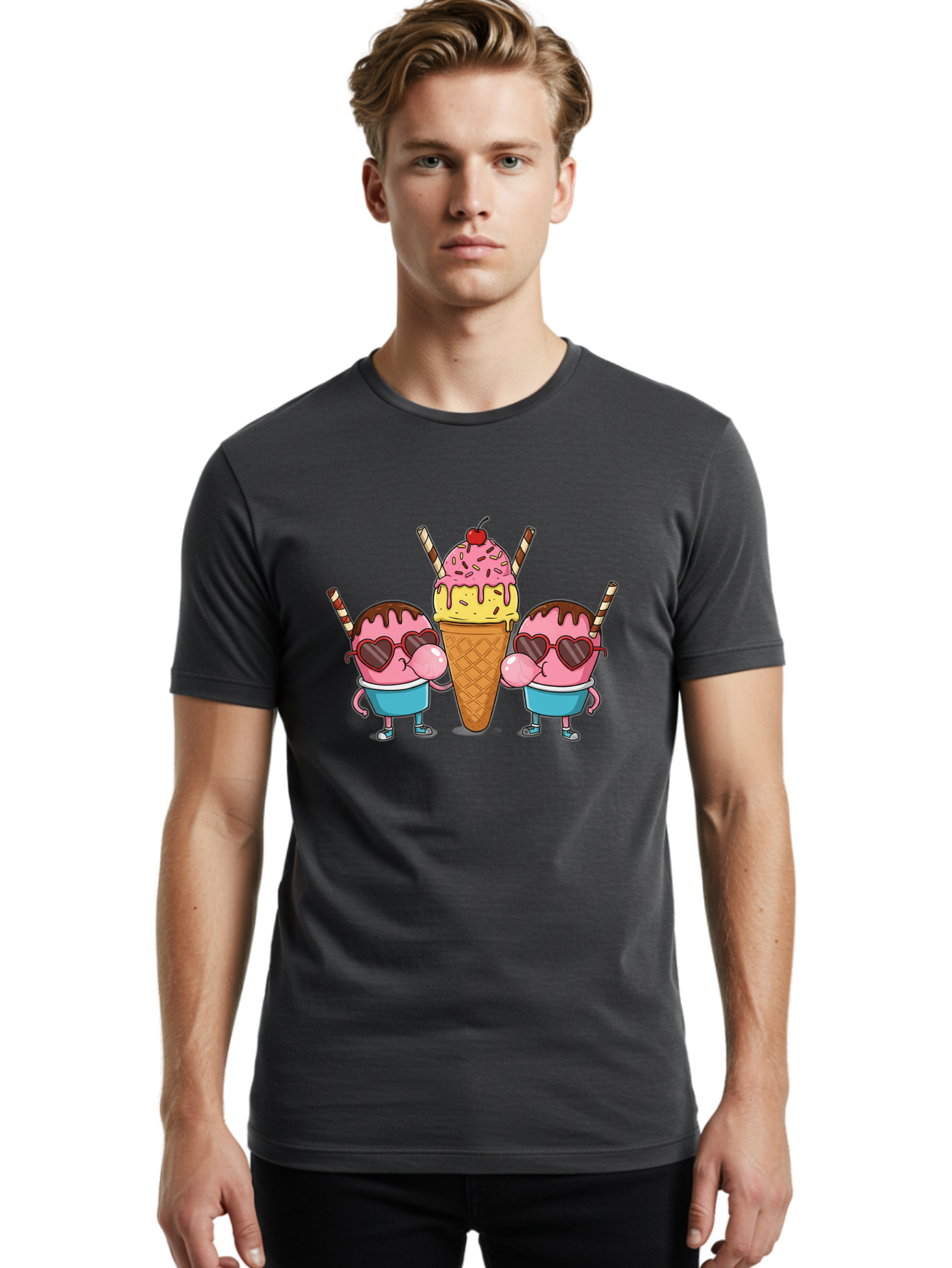 Twin-Ice-Cream Men'S Graphic Tee, 100% Cotton, Comfortable Casual Summer Wear, Machine Washable, Cartoon Ice Cream Characters, Heart-Shaped Sunglasses, Dripping Chocolate, Pink And Yellow Ice Cream, Sprinkles, Cherry On Top, Striped Straws, Bab559