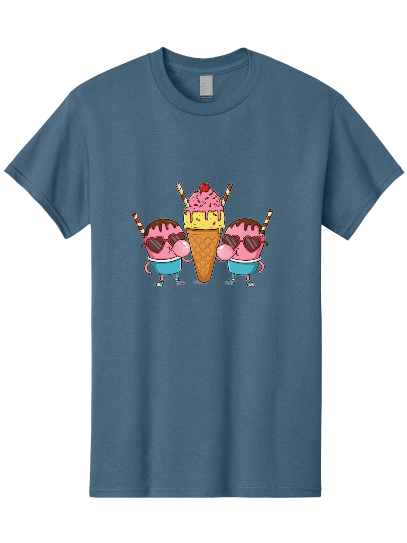 Twin-Ice-Cream Men'S Graphic Tee, 100% Cotton, Comfortable Casual Summer Wear, Machine Washable, Cartoon Ice Cream Characters, Heart-Shaped Sunglasses, Dripping Chocolate, Pink And Yellow Ice Cream, Sprinkles, Cherry On Top, Striped Straws, Bab559