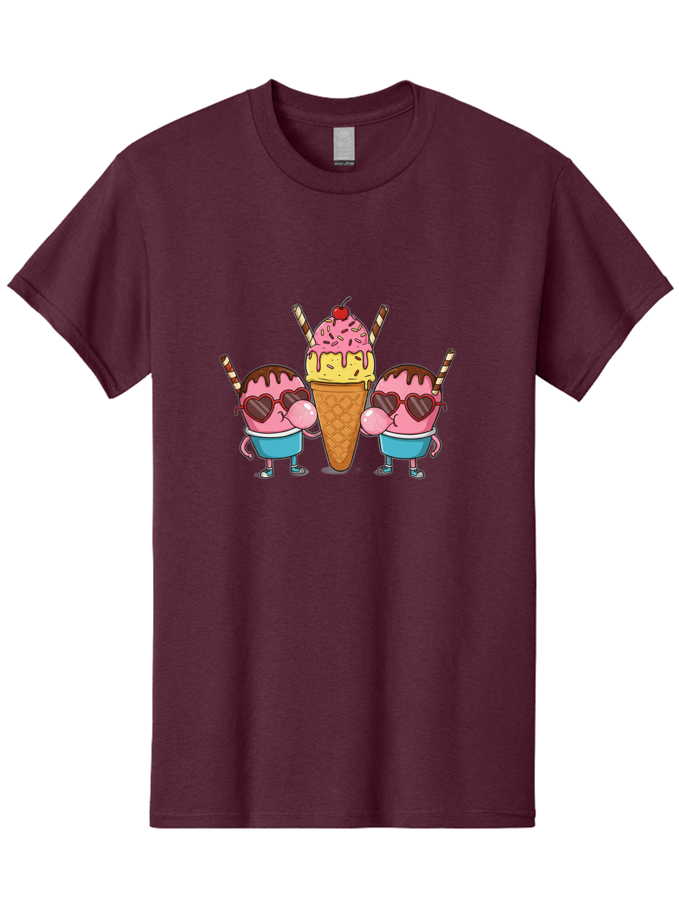 Twin-Ice-Cream Men'S Graphic Tee, 100% Cotton, Comfortable Casual Summer Wear, Machine Washable, Cartoon Ice Cream Characters, Heart-Shaped Sunglasses, Dripping Chocolate, Pink And Yellow Ice Cream, Sprinkles, Cherry On Top, Striped Straws, Bab559