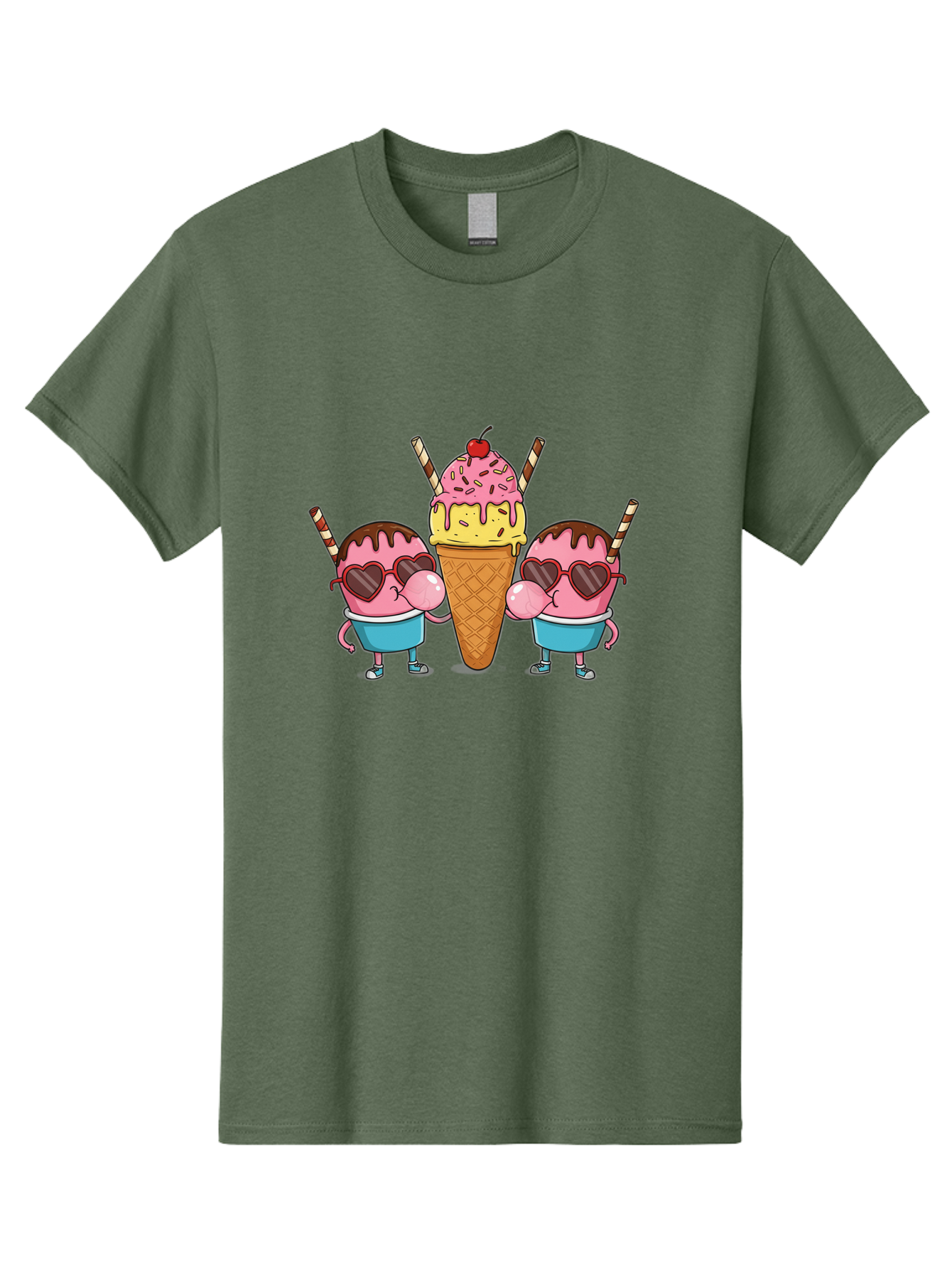 Twin-Ice-Cream Men'S Graphic Tee, 100% Cotton, Comfortable Casual Summer Wear, Machine Washable, Cartoon Ice Cream Characters, Heart-Shaped Sunglasses, Dripping Chocolate, Pink And Yellow Ice Cream, Sprinkles, Cherry On Top, Striped Straws, Bab559