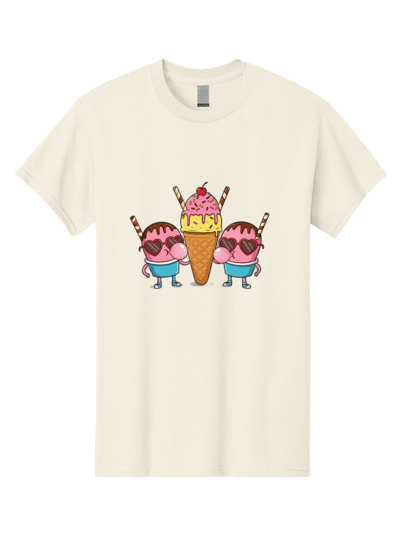 Twin-Ice-Cream Men'S Graphic Tee, 100% Cotton, Comfortable Casual Summer Wear, Machine Washable, Cartoon Ice Cream Characters, Heart-Shaped Sunglasses, Dripping Chocolate, Pink And Yellow Ice Cream, Sprinkles, Cherry On Top, Striped Straws, Bab559