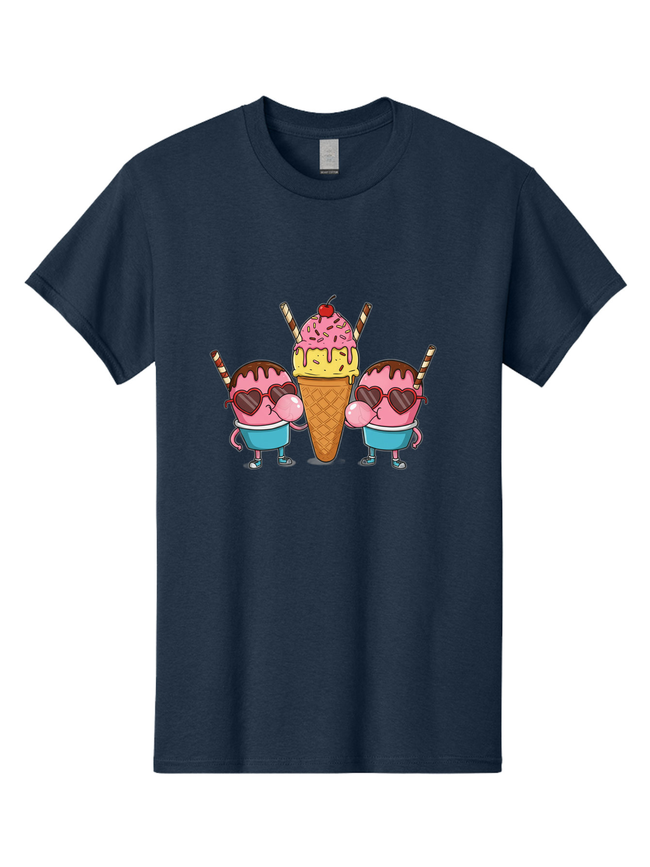 Twin-Ice-Cream Men'S Graphic Tee, 100% Cotton, Comfortable Casual Summer Wear, Machine Washable, Cartoon Ice Cream Characters, Heart-Shaped Sunglasses, Dripping Chocolate, Pink And Yellow Ice Cream, Sprinkles, Cherry On Top, Striped Straws, Bab559