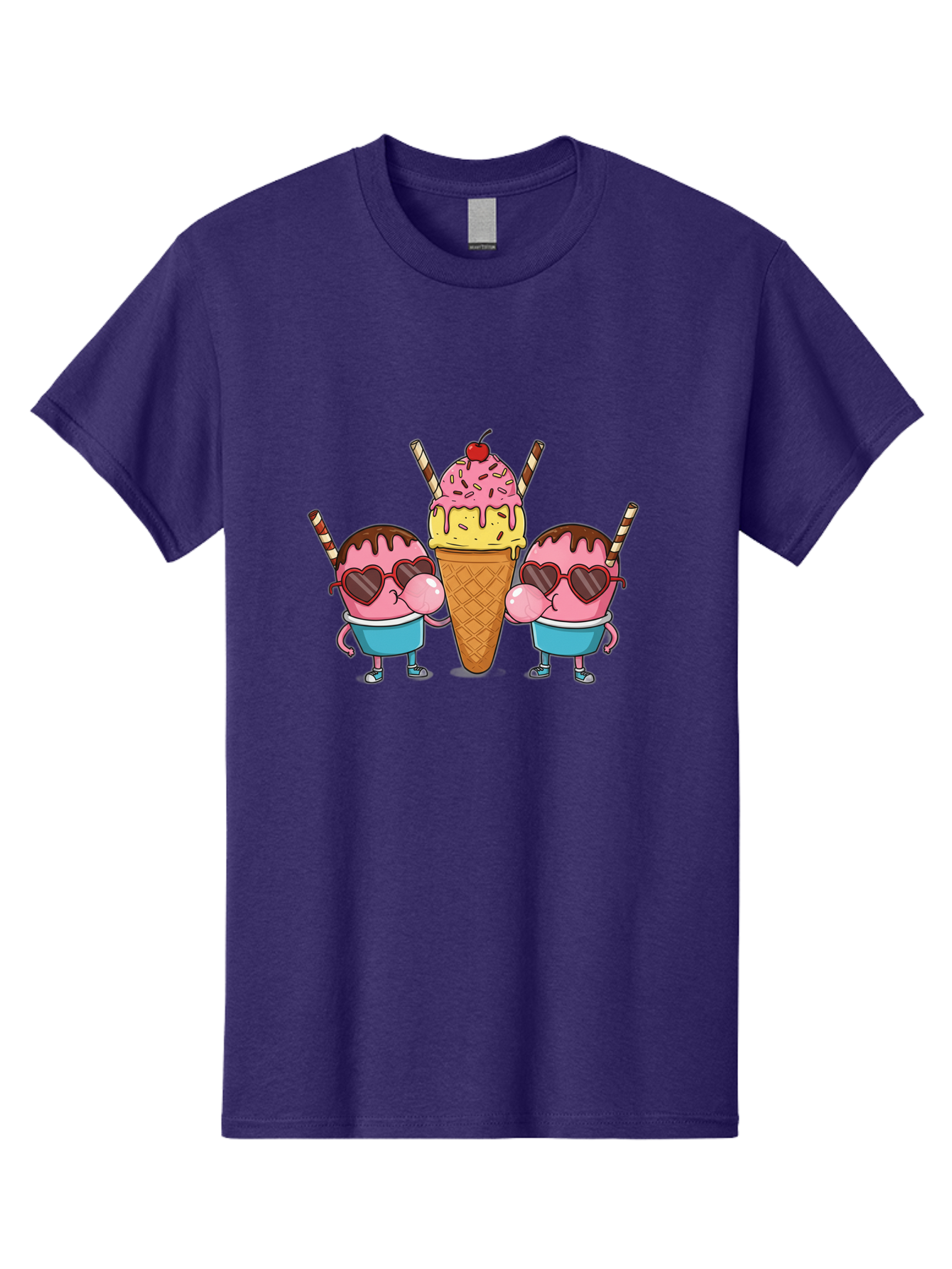 Twin-Ice-Cream Men'S Graphic Tee, 100% Cotton, Comfortable Casual Summer Wear, Machine Washable, Cartoon Ice Cream Characters, Heart-Shaped Sunglasses, Dripping Chocolate, Pink And Yellow Ice Cream, Sprinkles, Cherry On Top, Striped Straws, Bab559