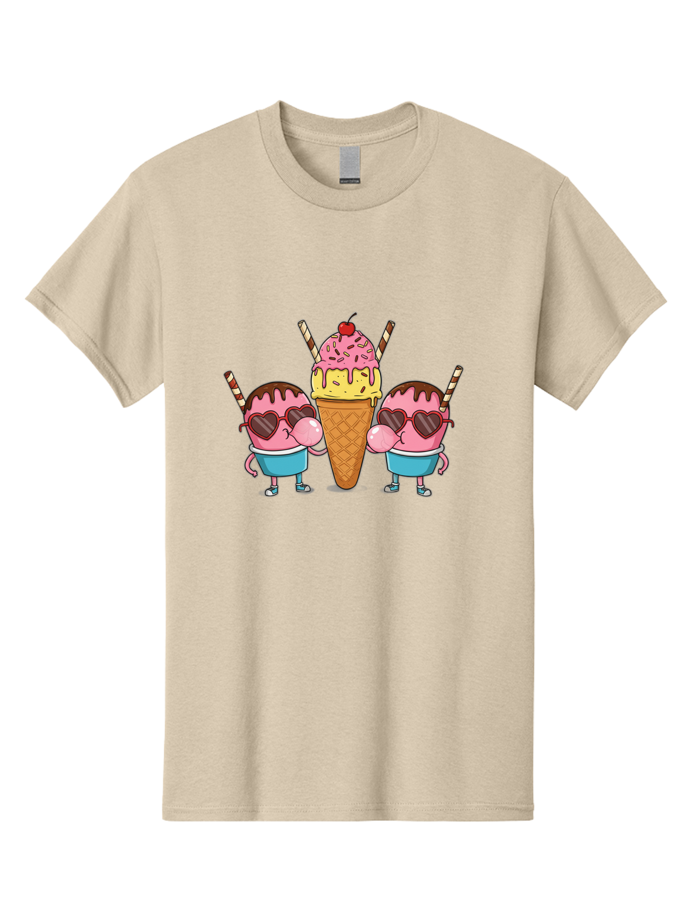 Twin-Ice-Cream Men'S Graphic Tee, 100% Cotton, Comfortable Casual Summer Wear, Machine Washable, Cartoon Ice Cream Characters, Heart-Shaped Sunglasses, Dripping Chocolate, Pink And Yellow Ice Cream, Sprinkles, Cherry On Top, Striped Straws, Bab559