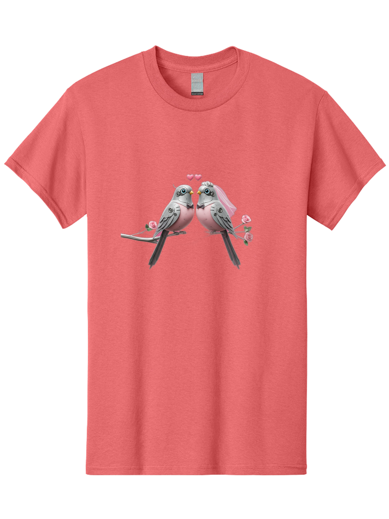 Two-Birds Men'S Graphic Tee, 100% Cotton, Comfortable Casual Summer Wear, Machine Washable, Love Birds, Couple Birds, Pink Birds On Branch, Birds With Wedding Veil, Birds Kissing, Pink Roses, Romantic Birds, Bird Couple, Adorable Birds, Bab560