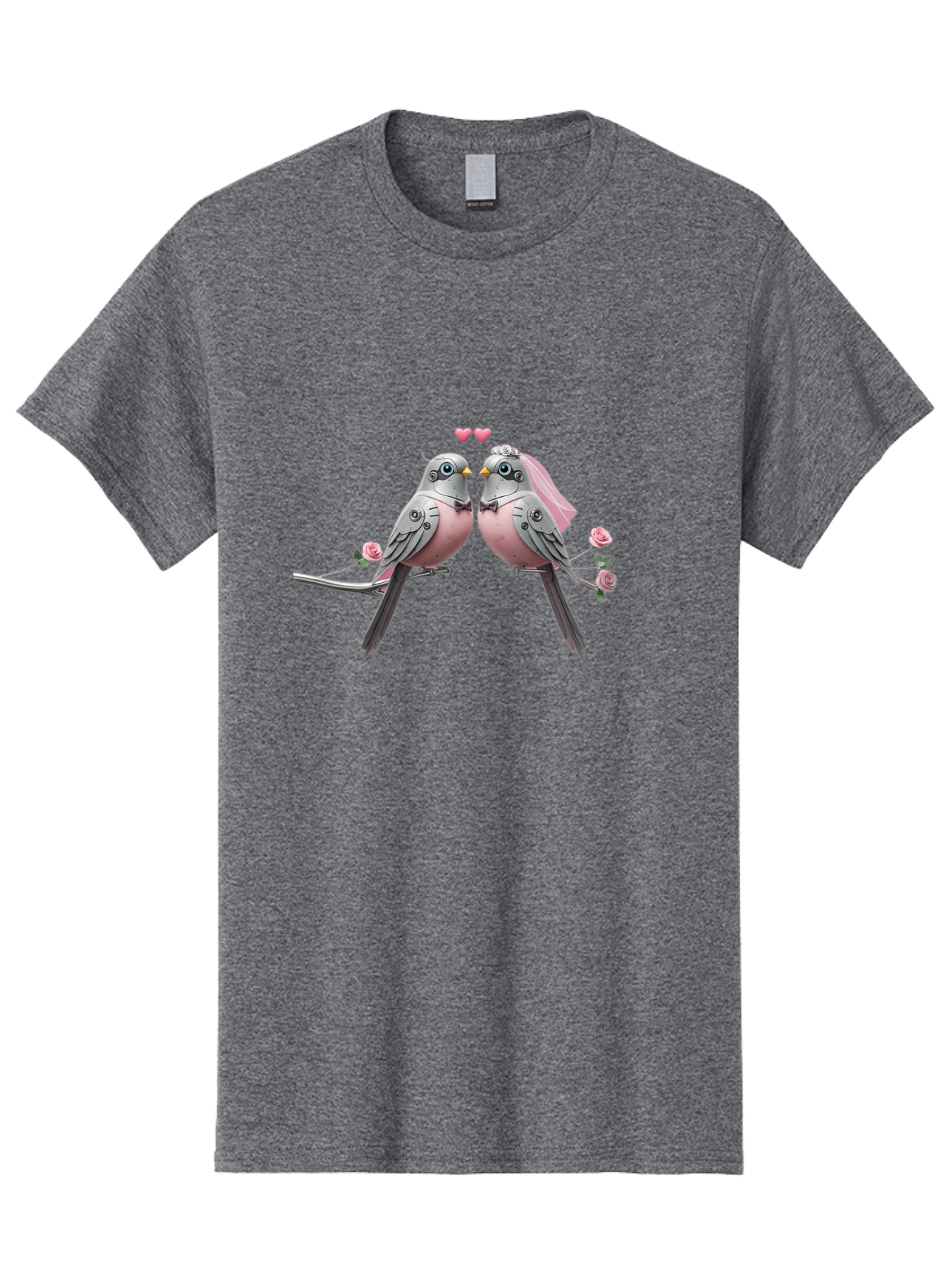 Two-Birds Men'S Graphic Tee, 100% Cotton, Comfortable Casual Summer Wear, Machine Washable, Love Birds, Couple Birds, Pink Birds On Branch, Birds With Wedding Veil, Birds Kissing, Pink Roses, Romantic Birds, Bird Couple, Adorable Birds, Bab560